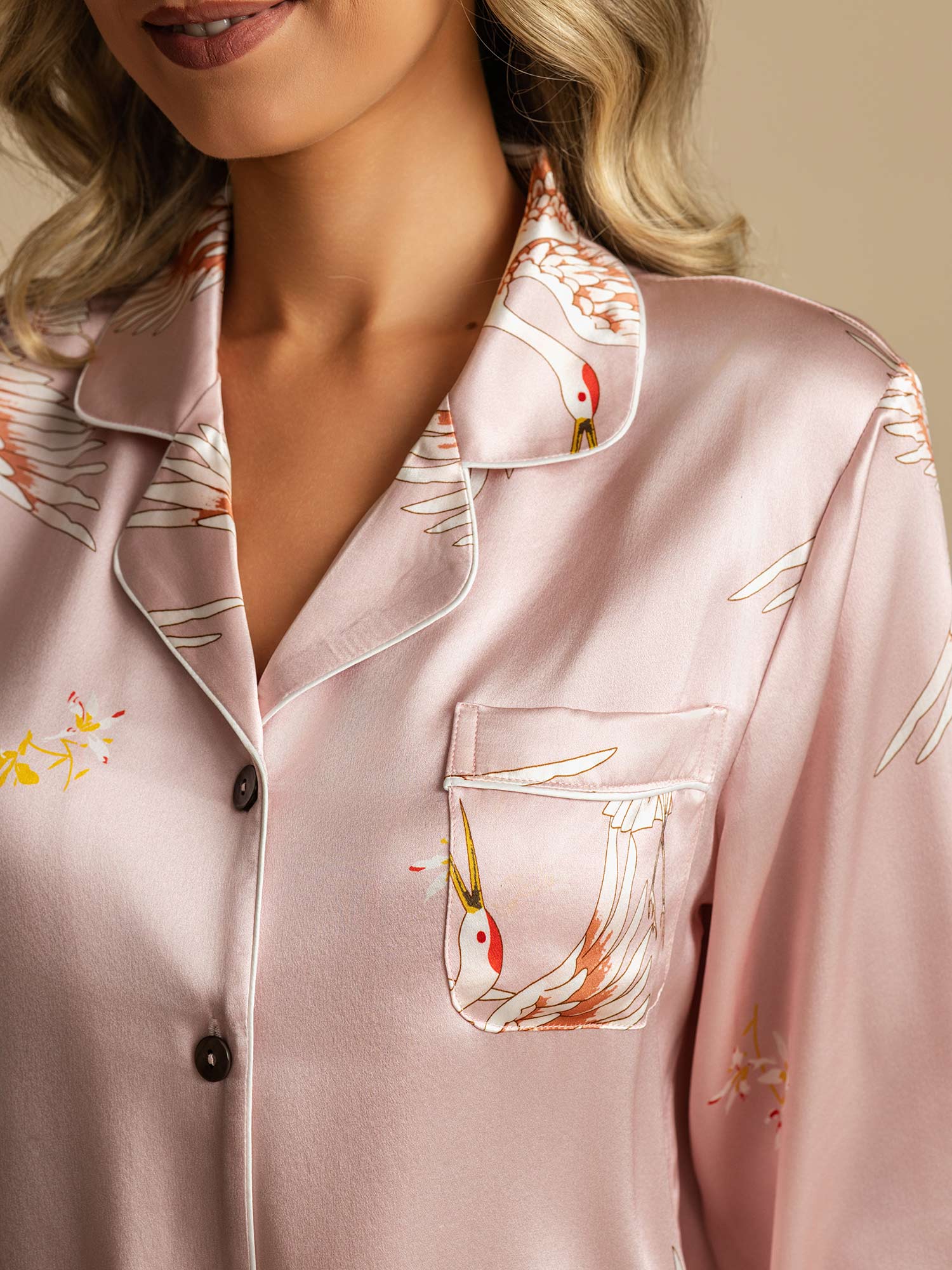 19Momme Women's Silk Crane Print Full Length Pajama Set