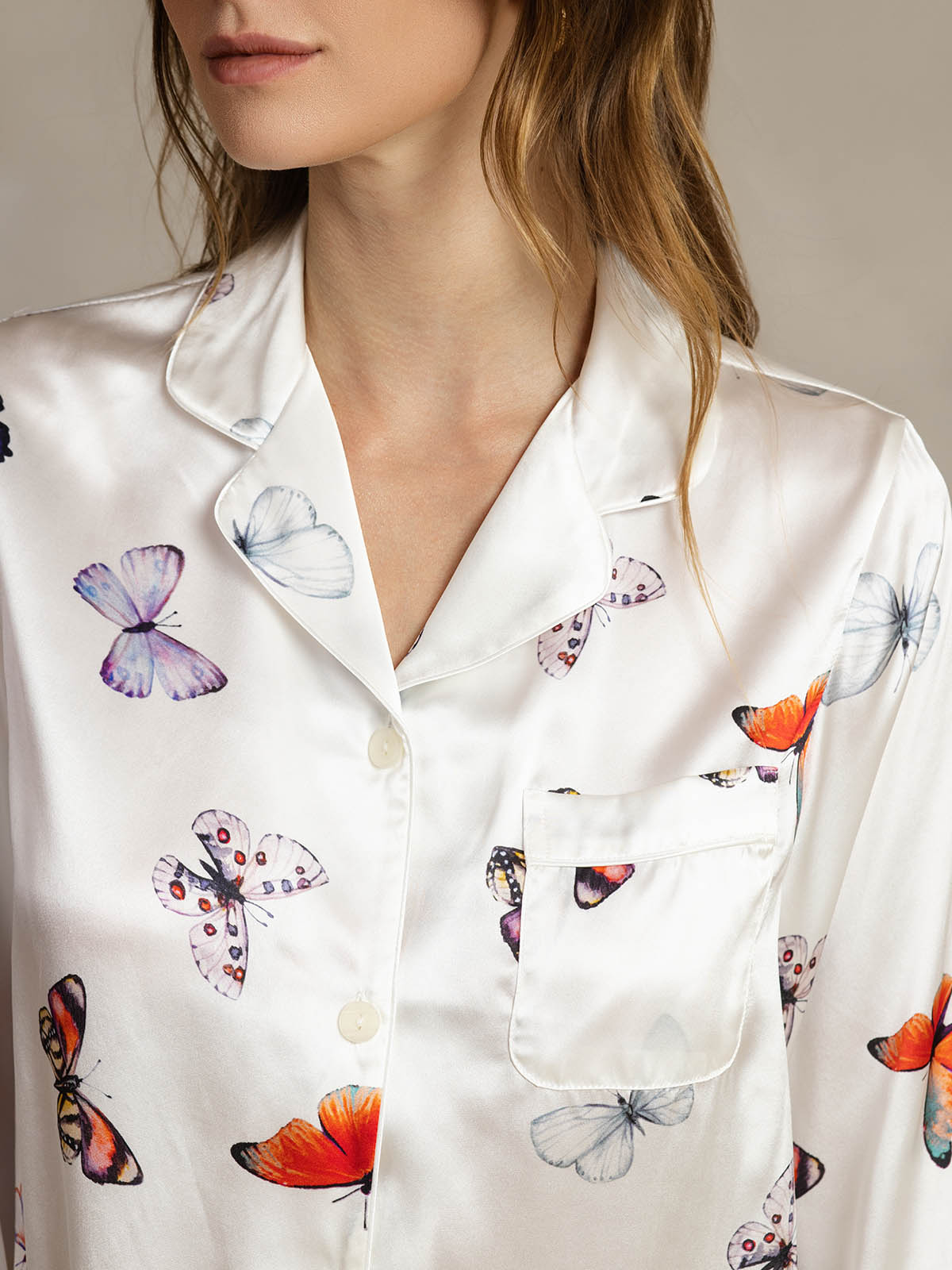 Pure Silk Binding Trim Pajamas Set 2Pcs