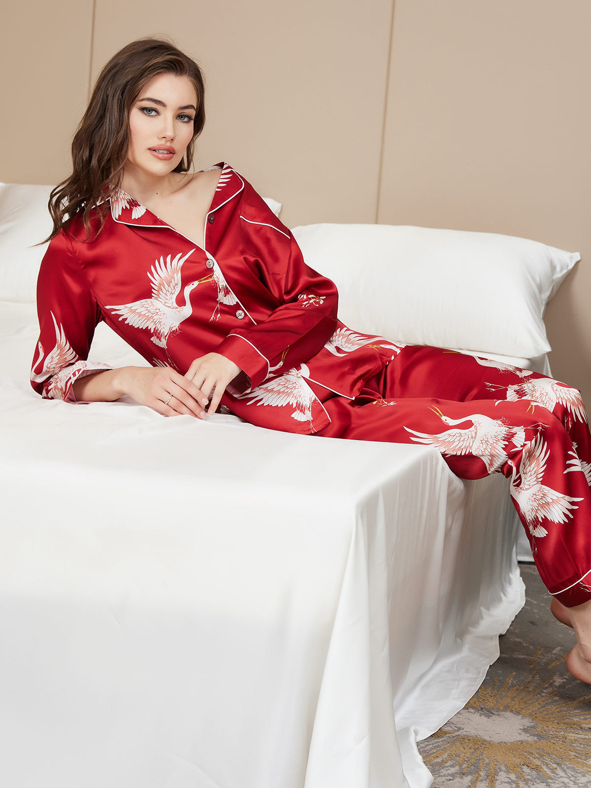 19Momme Women's 100% Mulberry Silk Crane Print Full Length Pajama Set