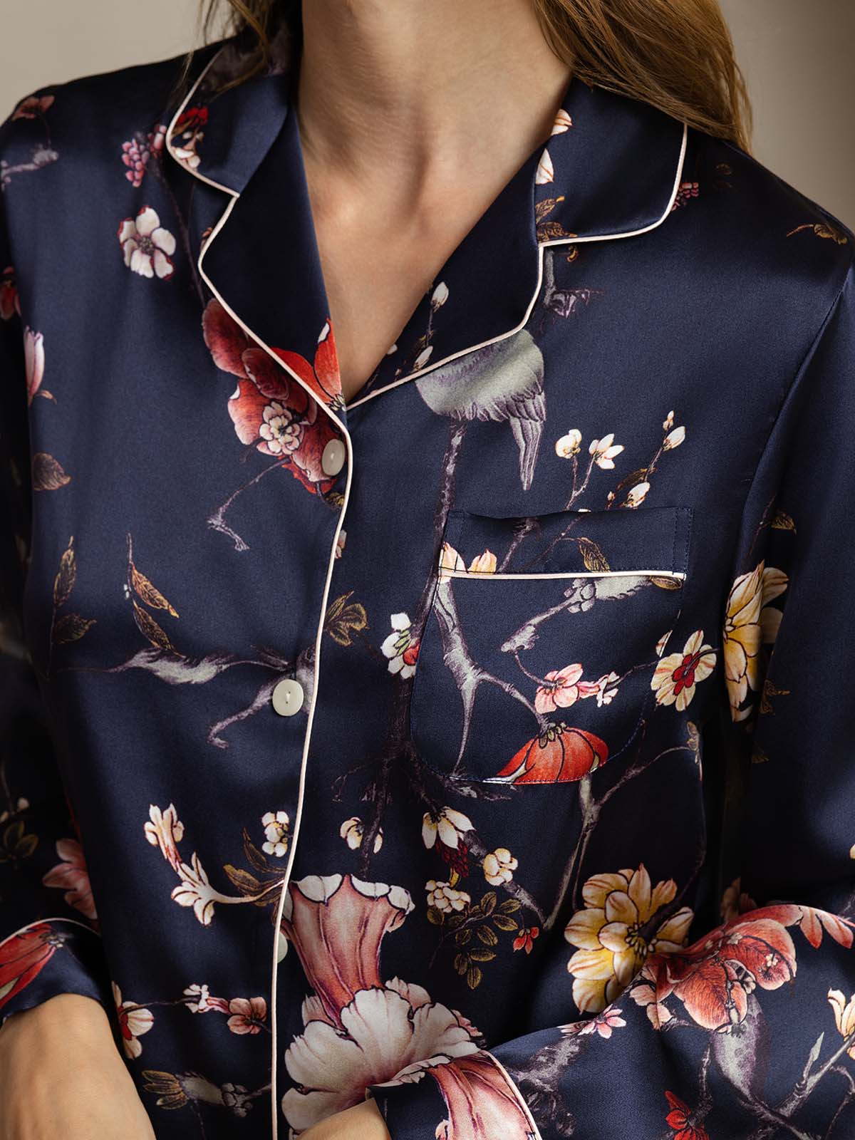 Pure Silk Binding Trim Classic Pajamas Set 2Pcs