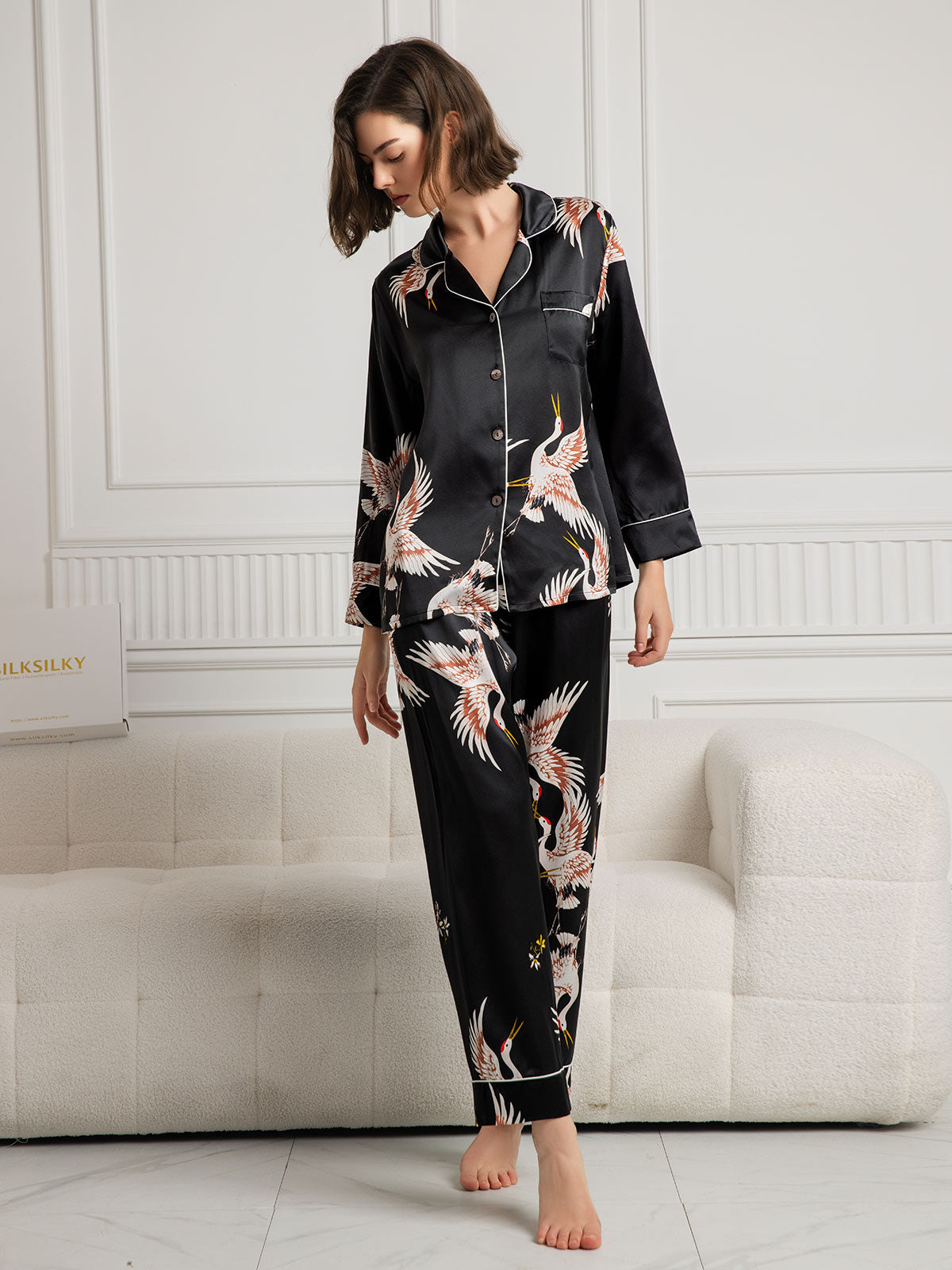 19Momme Women's Silk Crane Print Full Length Pajama Set