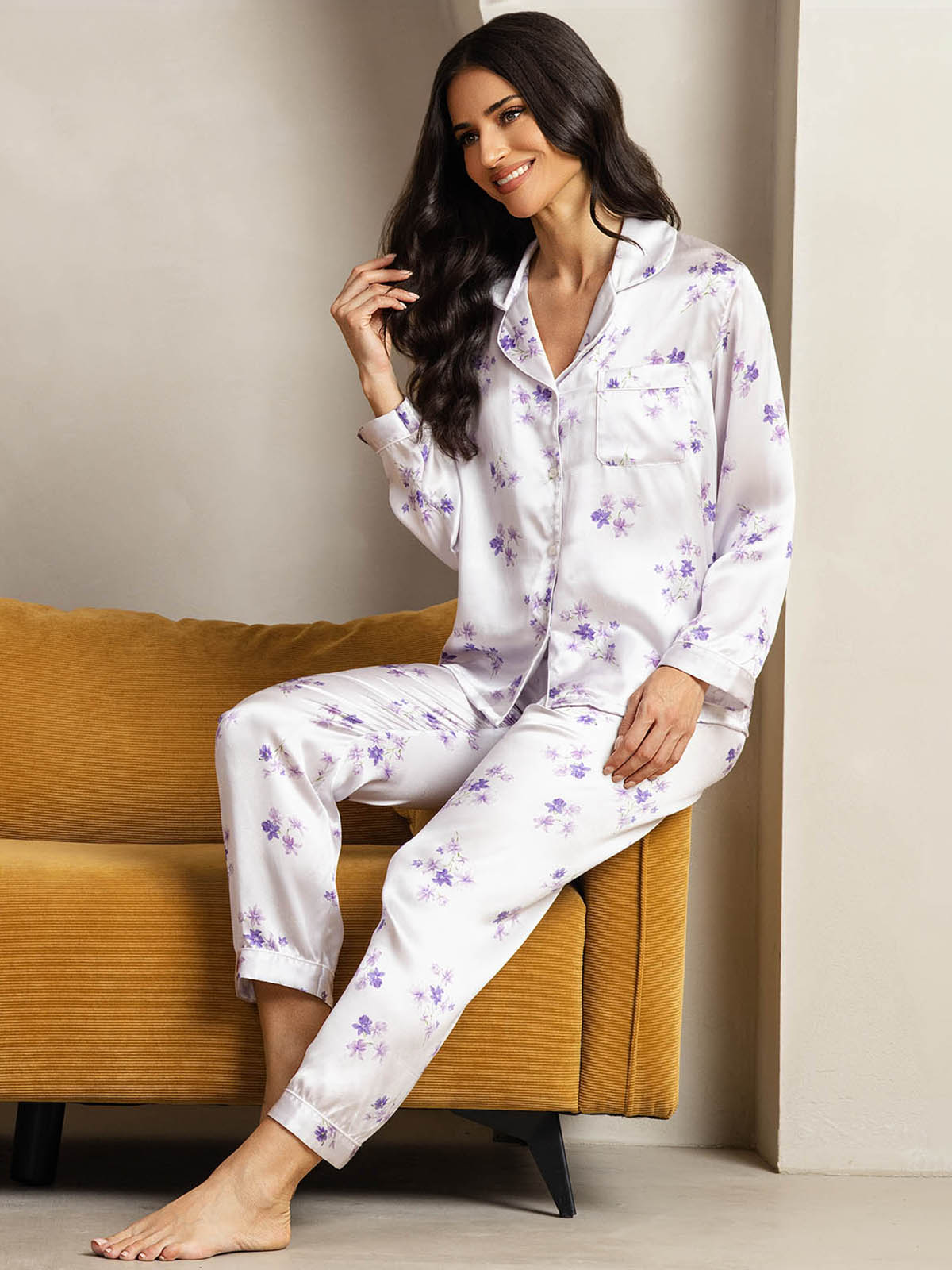 Pure Silk Binding Trim Pajamas Set 2Pcs