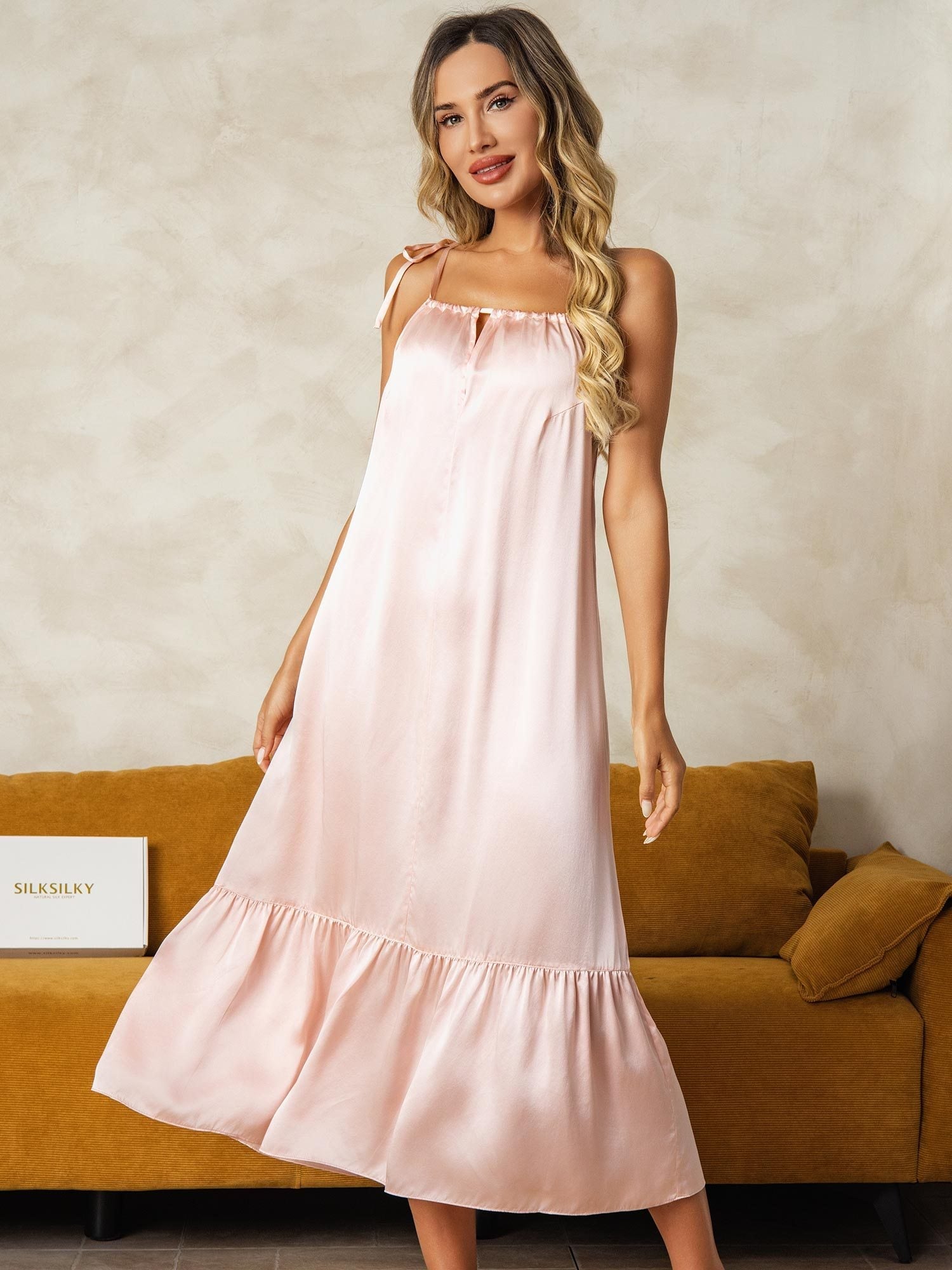 Pure Silk Midi Keyhole Neck Spaghetti Straps Nightgown with Ruffle Hem