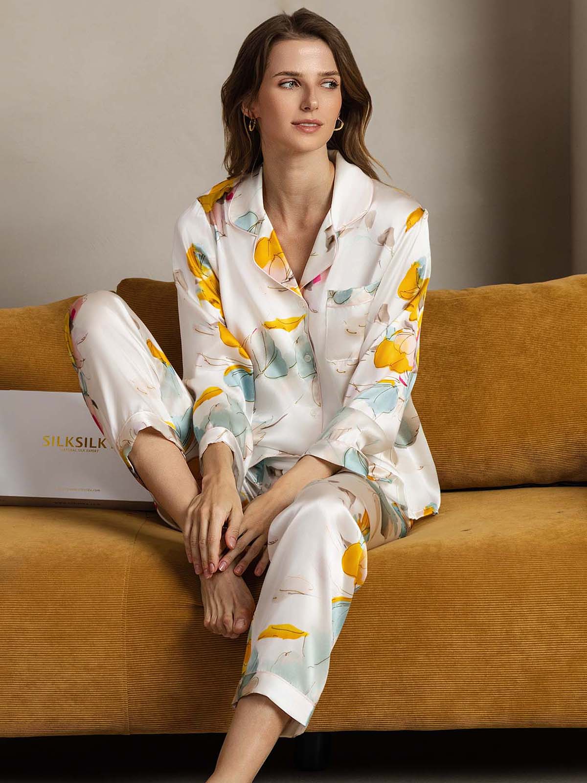Pure Silk Binding Trim Pajamas Set 2Pcs