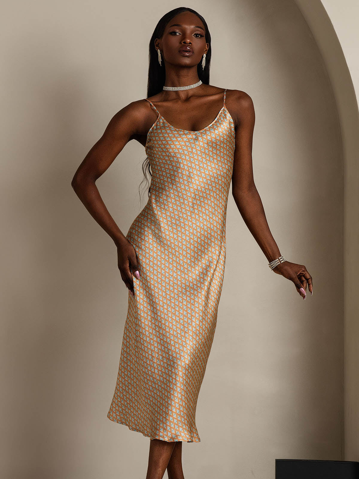 Women's Pure Silk Spaghetti Strap V-neck Midi Nightgown