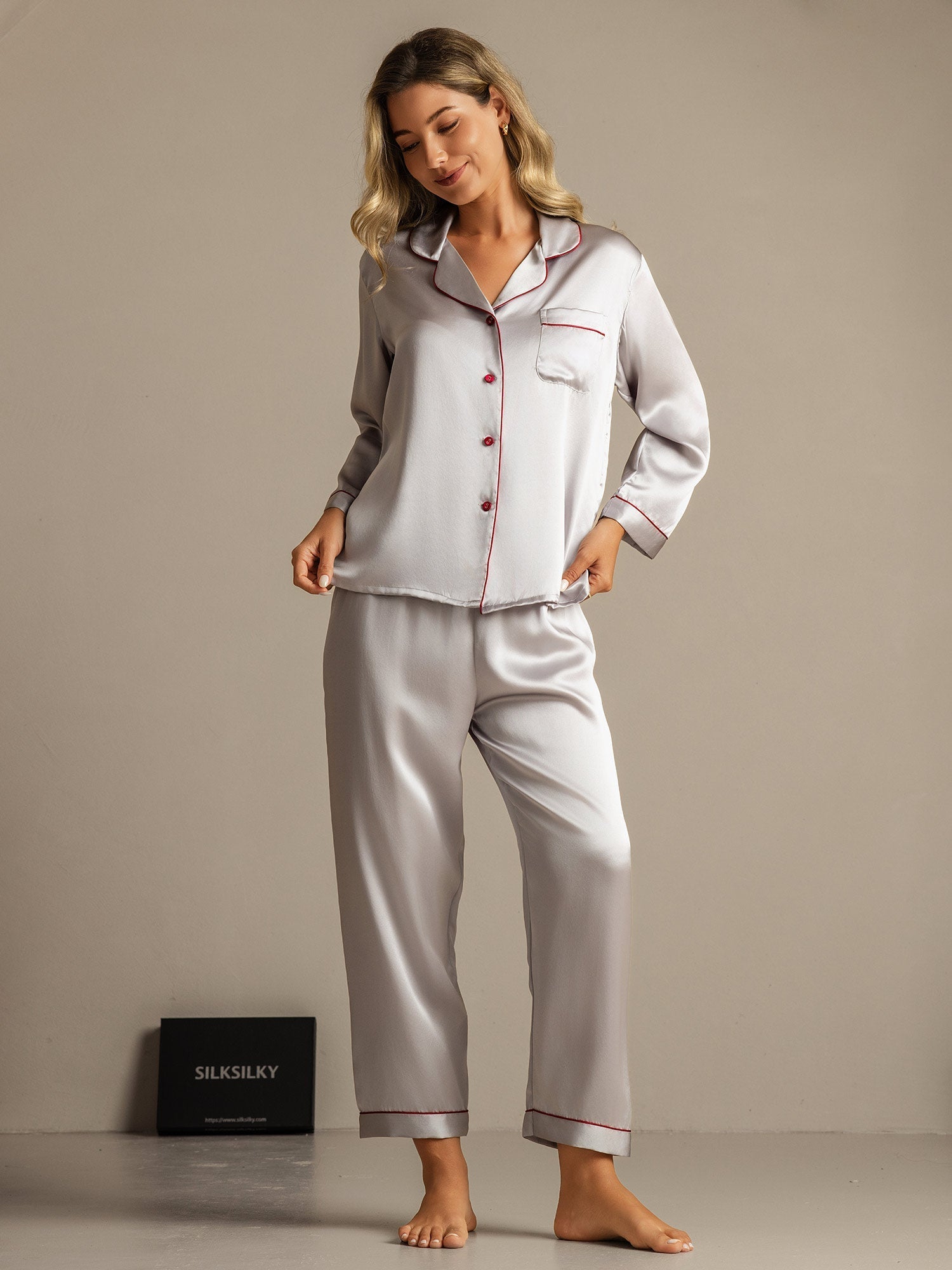 Pure Silk Binding Trim Classic Pajamas Set 2Pcs