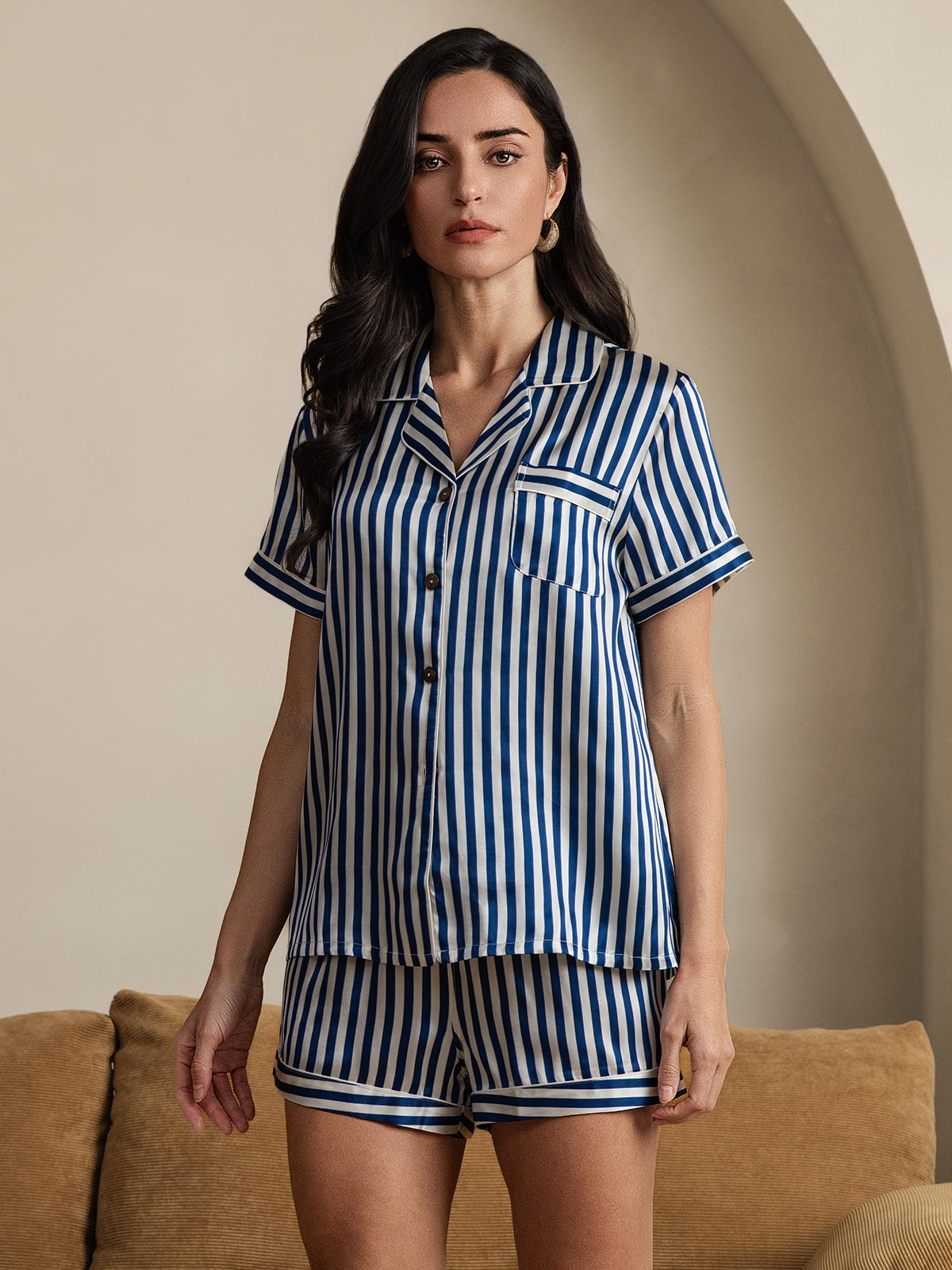Pure Silk Stripe Print Short Sleeve Women's Pajamas Set