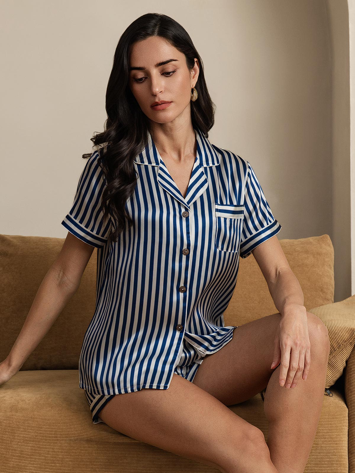 Pure Silk Stripe Print Short Sleeve Women's Pajamas Set