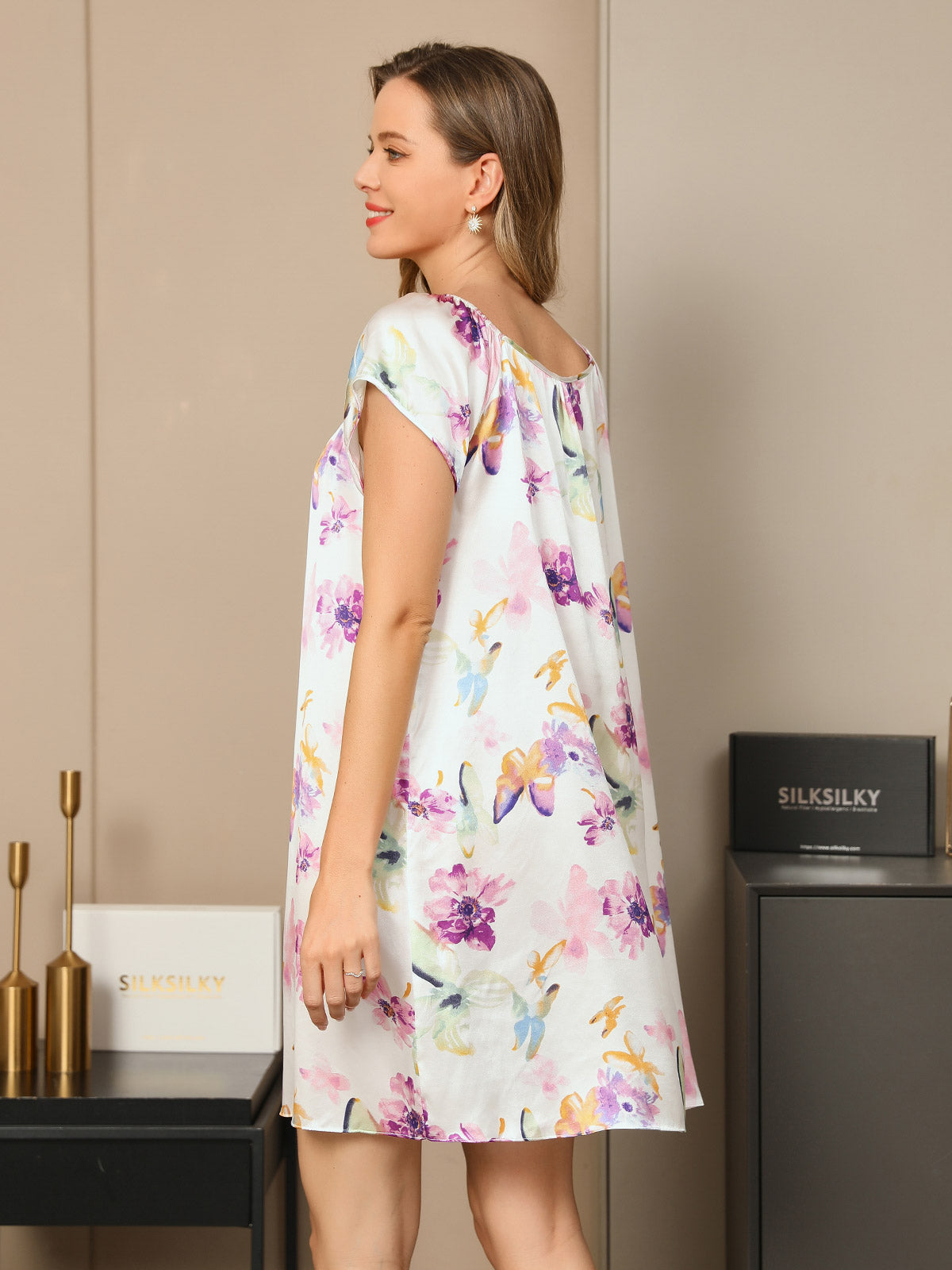 Pure Silk Floral Print Cap Sleeve Square Neck Short Nightgown