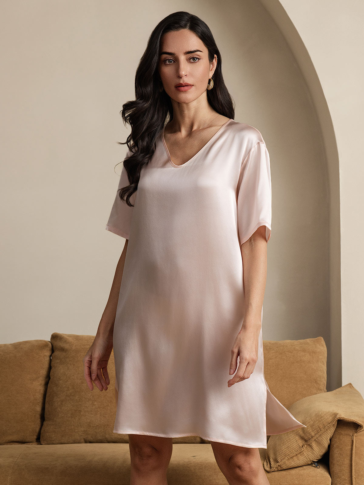 Pure Silk Half Sleeve V-neck Short Nightgown with Split Design