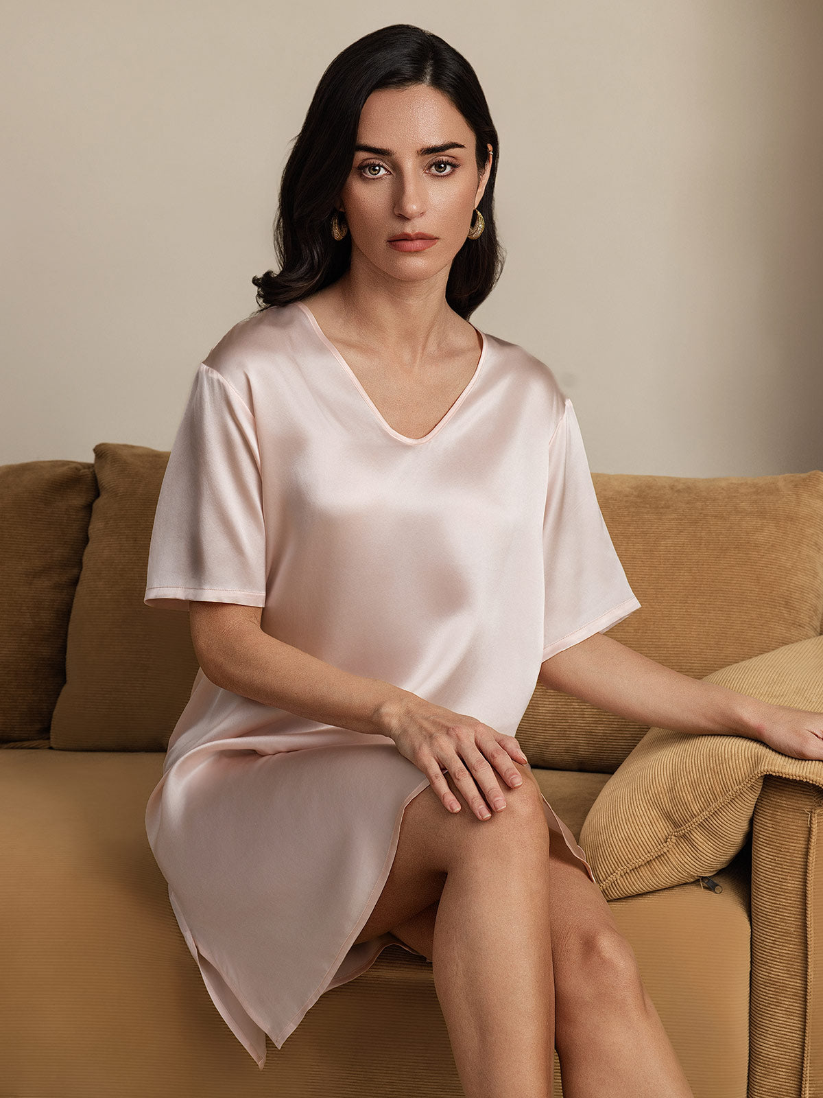 Pure Silk Half Sleeve V-neck Short Nightgown with Split Design
