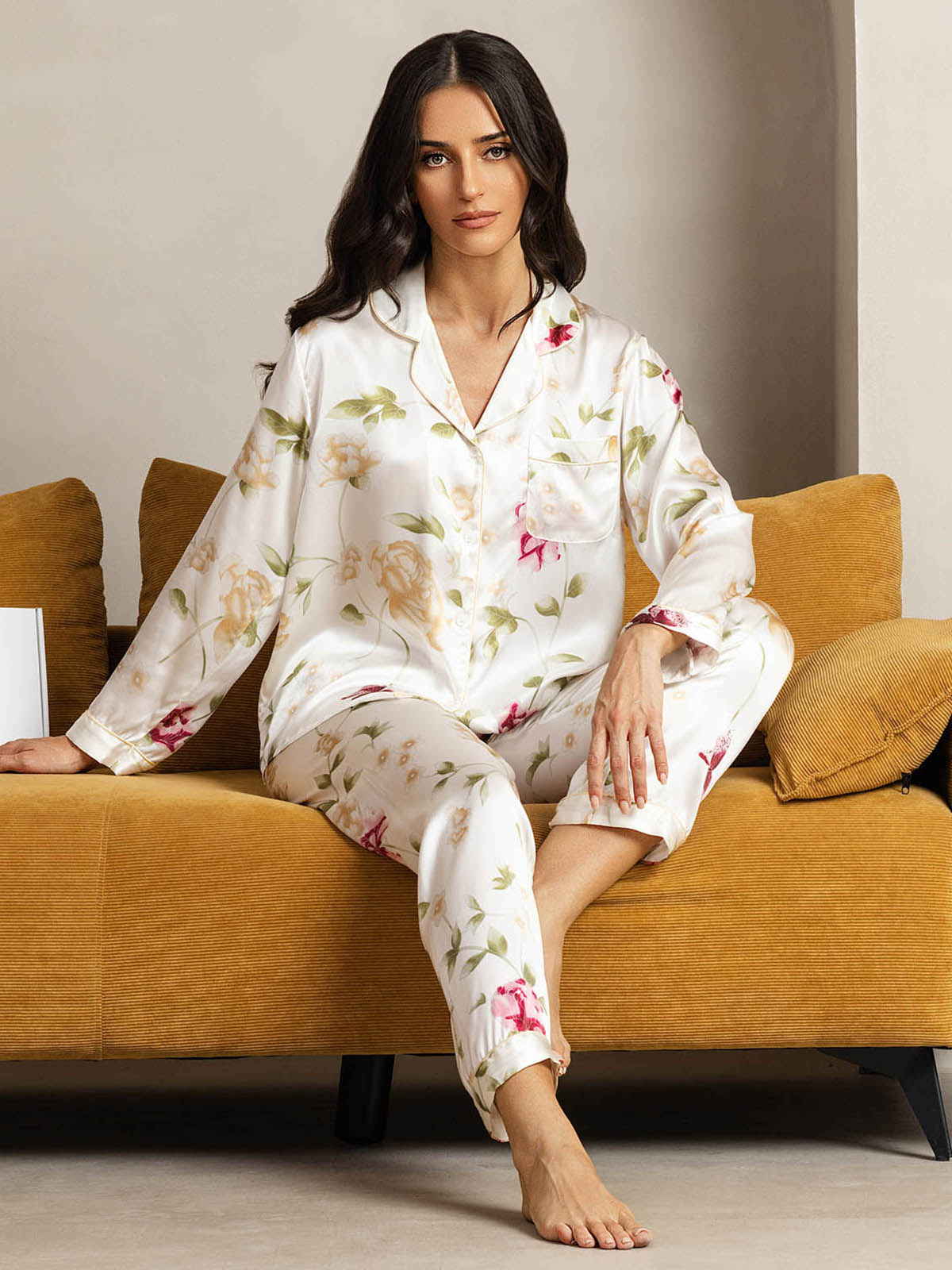Pure Silk Binding Trim Pajamas Set 2Pcs