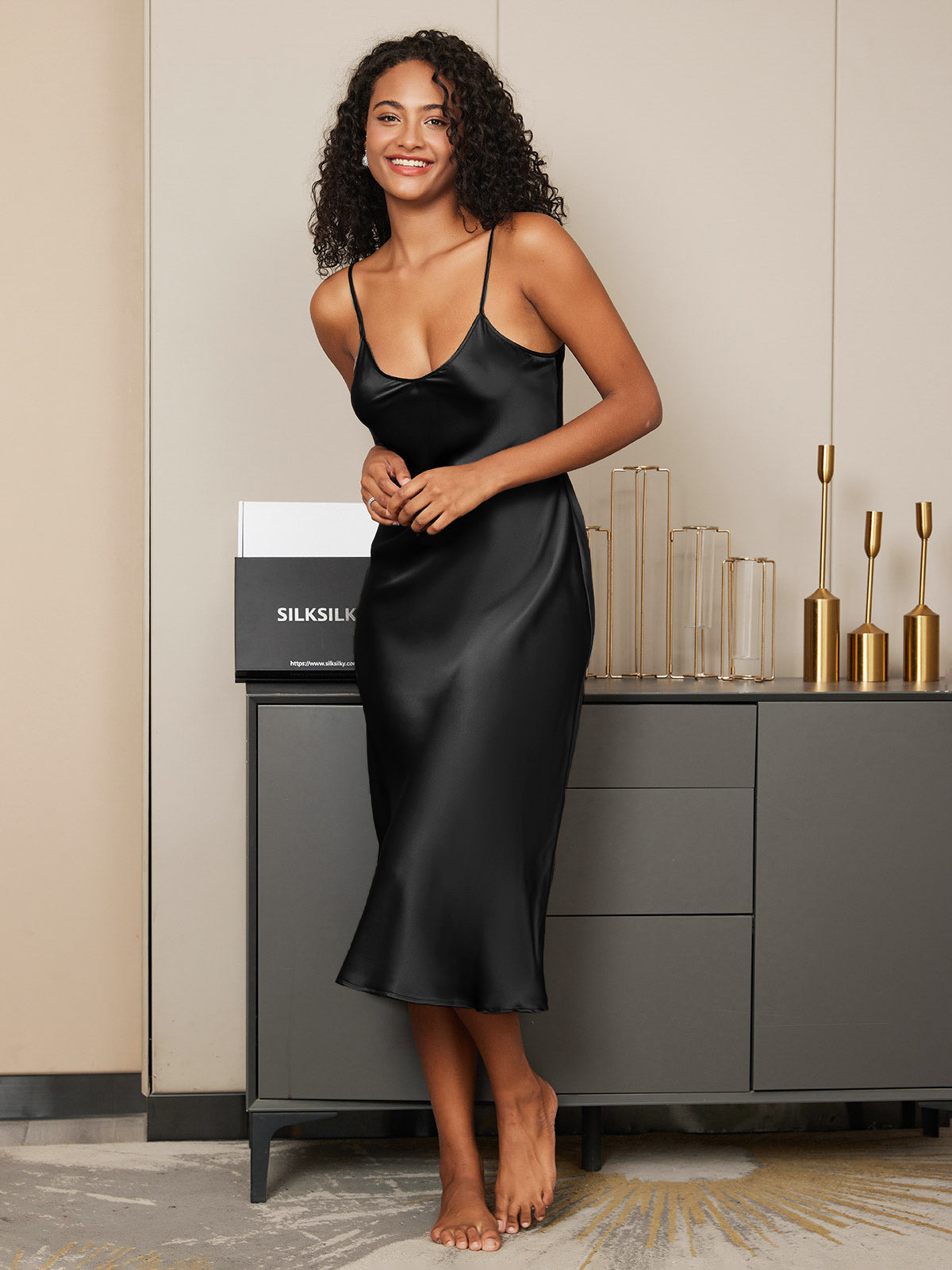 Women's Pure Silk Spaghetti Strap V-neck Midi Nightgown