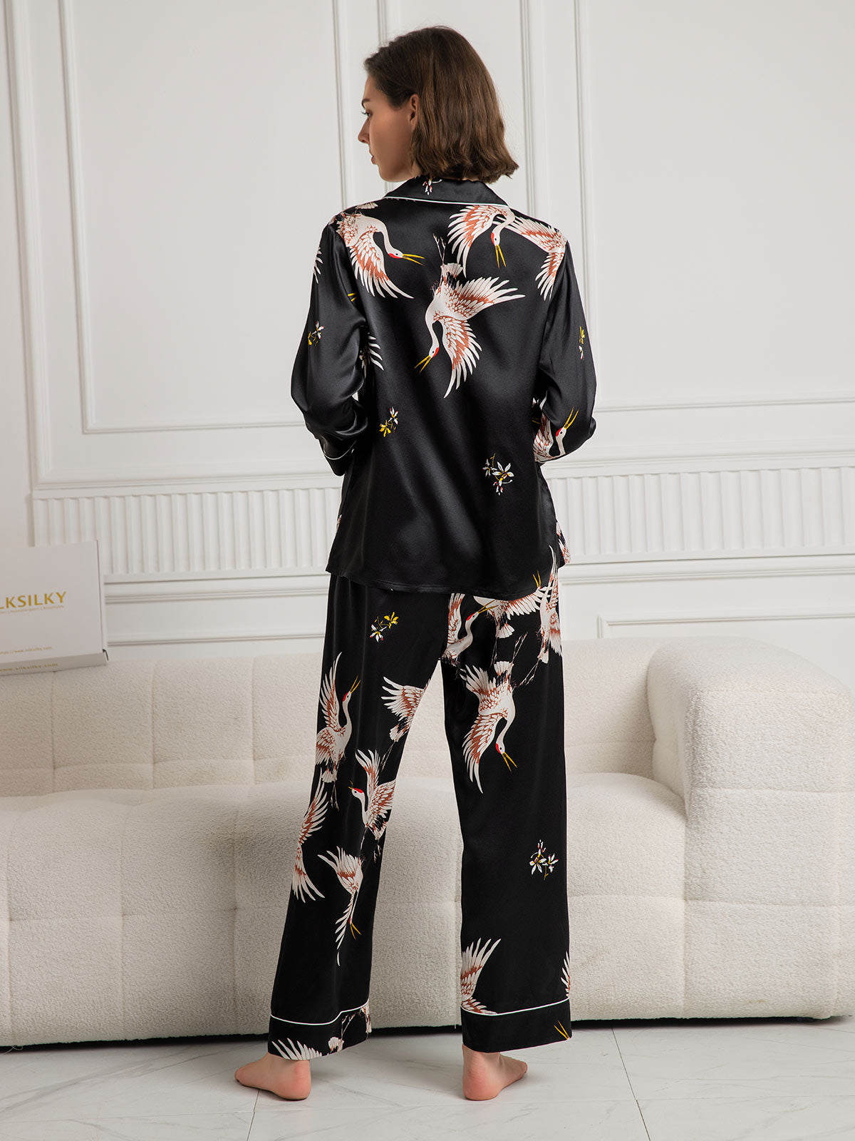 19Momme Women's 100% Mulberry Silk Crane Print Full Length Pajama Set