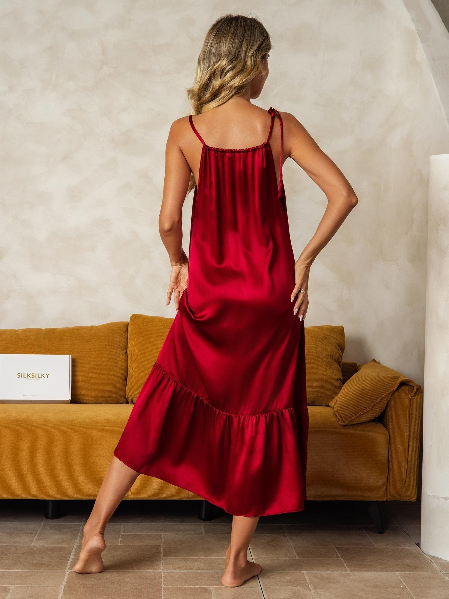 Pure Silk Midi Keyhole Neck Spaghetti Straps Nightgown with Ruffle Hem