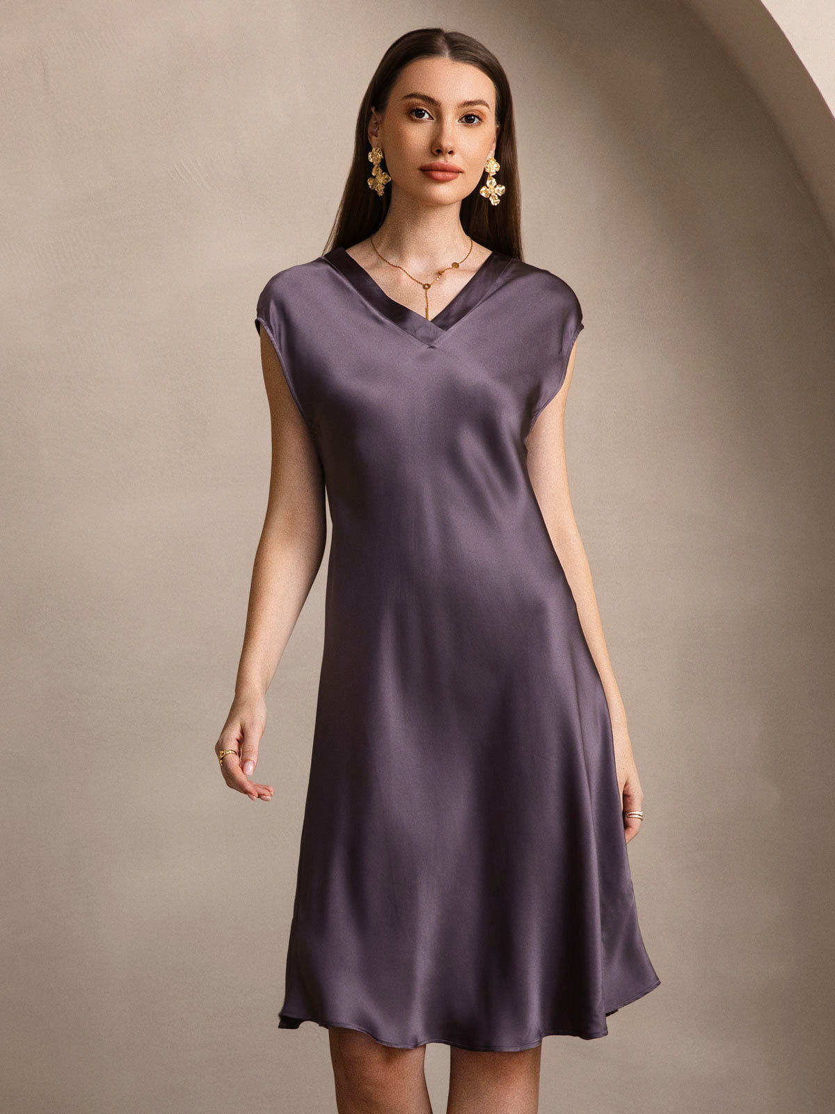 Pure Silk Cap Sleeve V-neck Knee Nightgown
