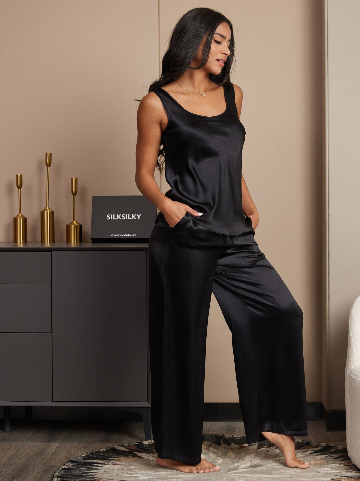 Pure Silk Tank Top & Wide Leg Pants Pajama Set