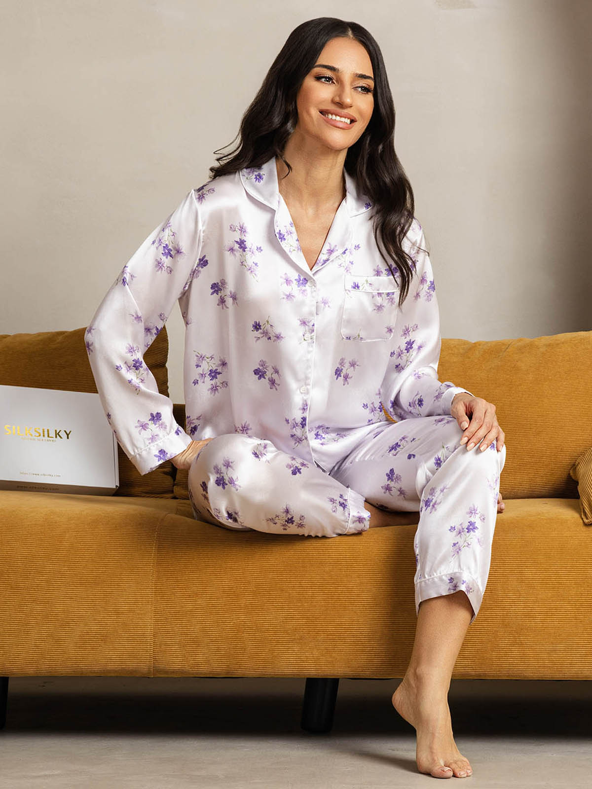 Pure Silk Binding Trim Pajamas Set 2Pcs