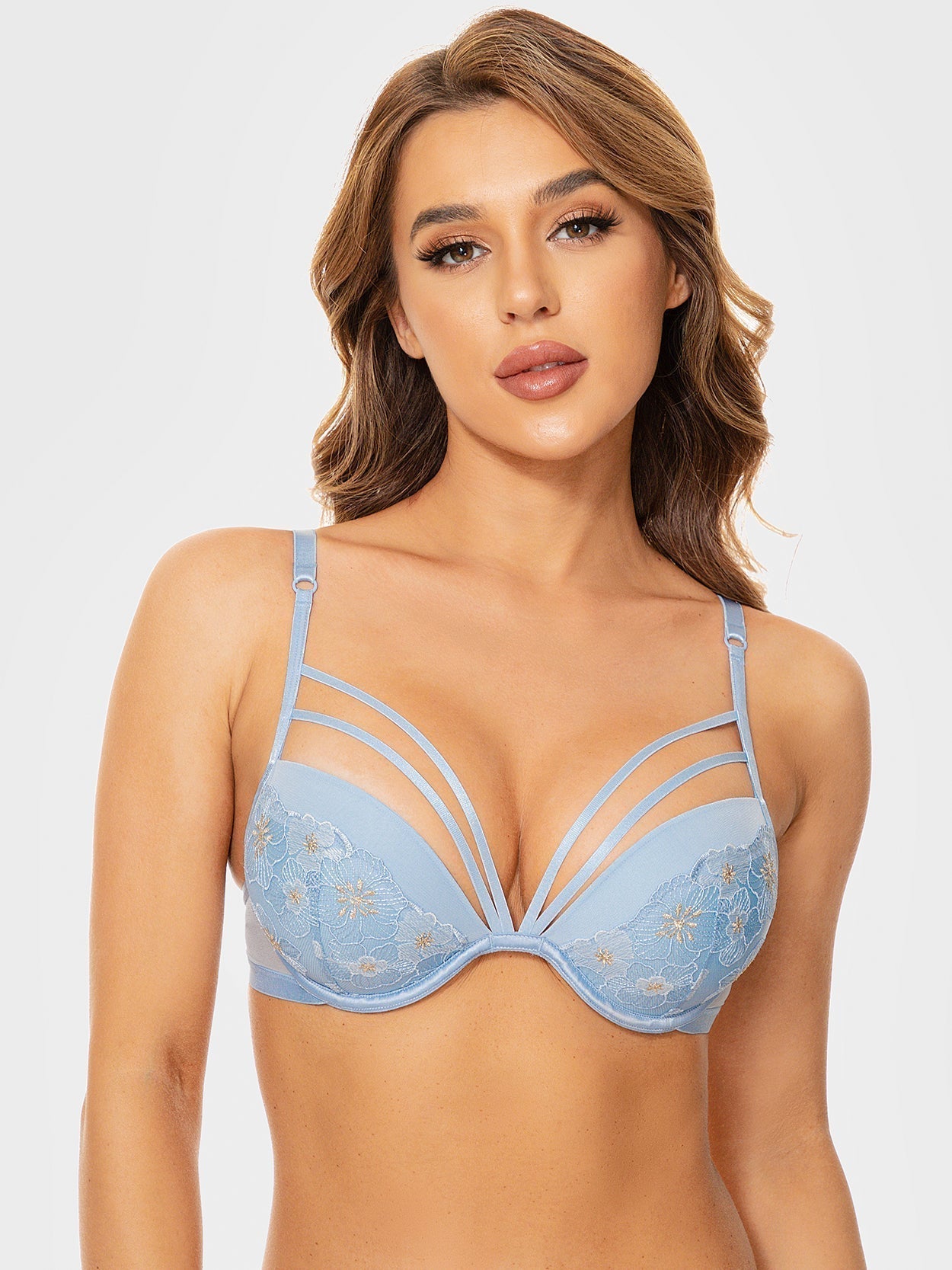 Floral Lace Embroidery Push Up Bra Blue