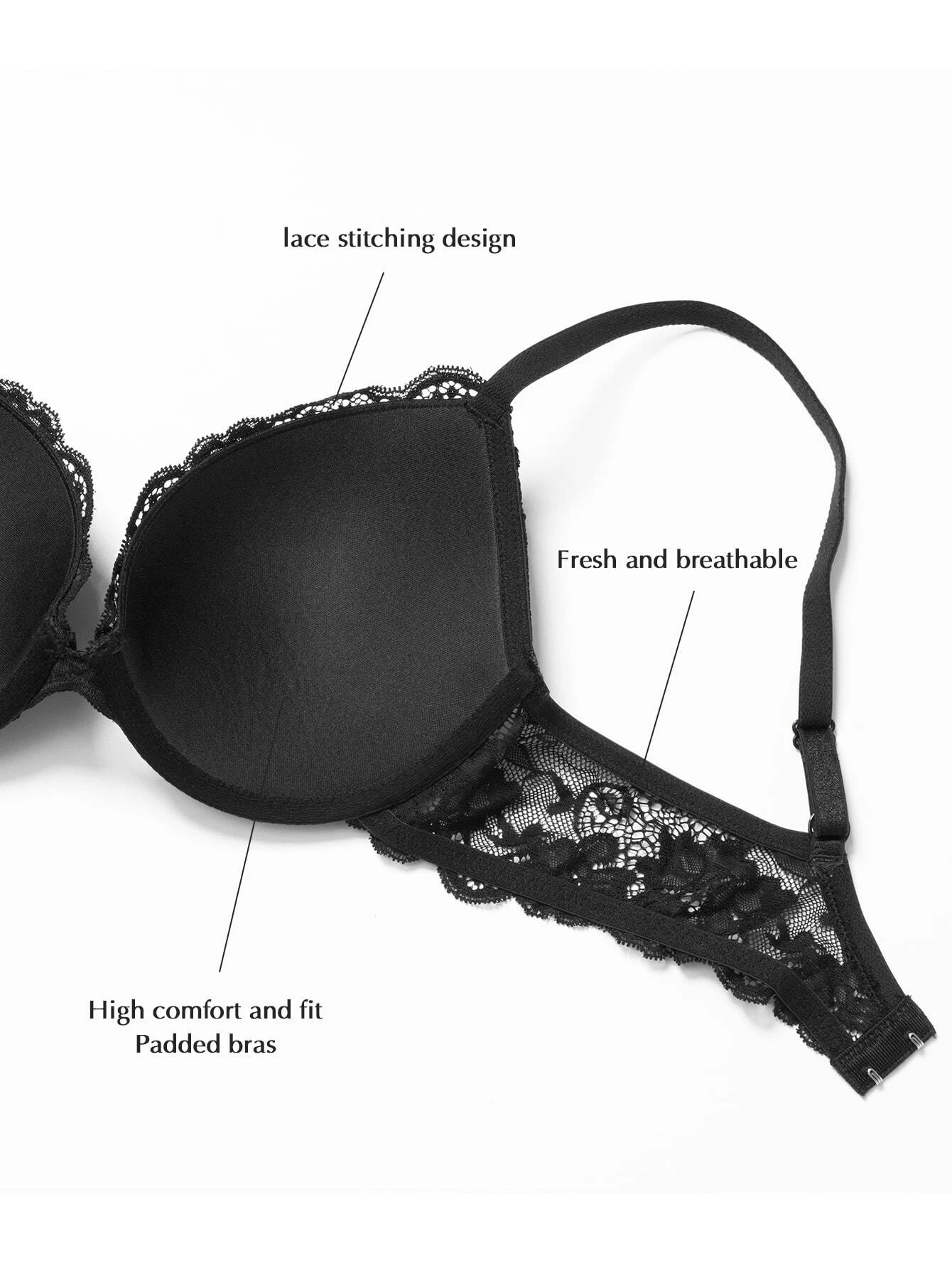 Floral Lace Push-Up Lightly Padded Demi Plunge Underwire Bra Black