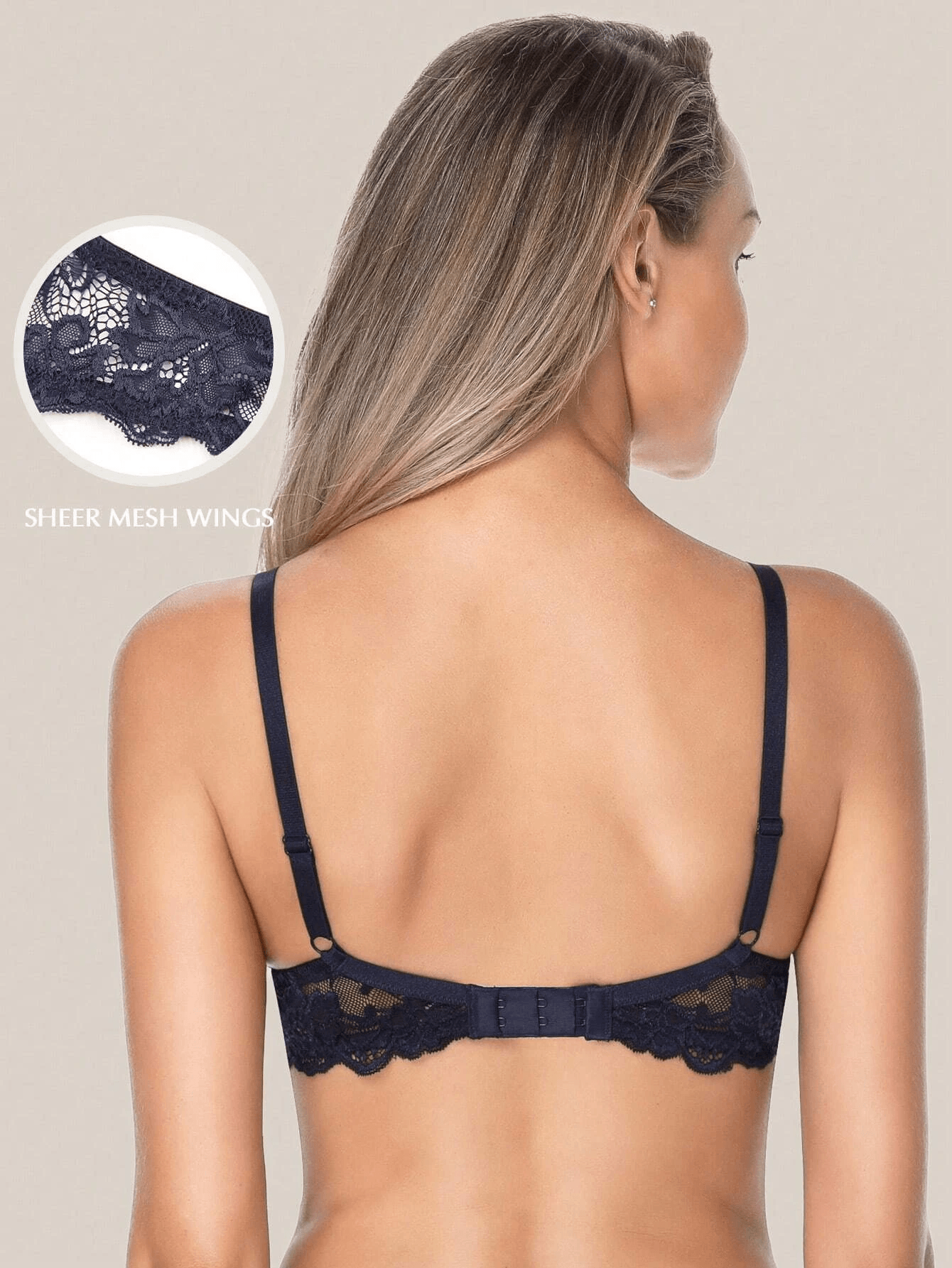 Floral Lace Push-Up Lightly Padded Demi Plunge Underwire Bra Dark Blue