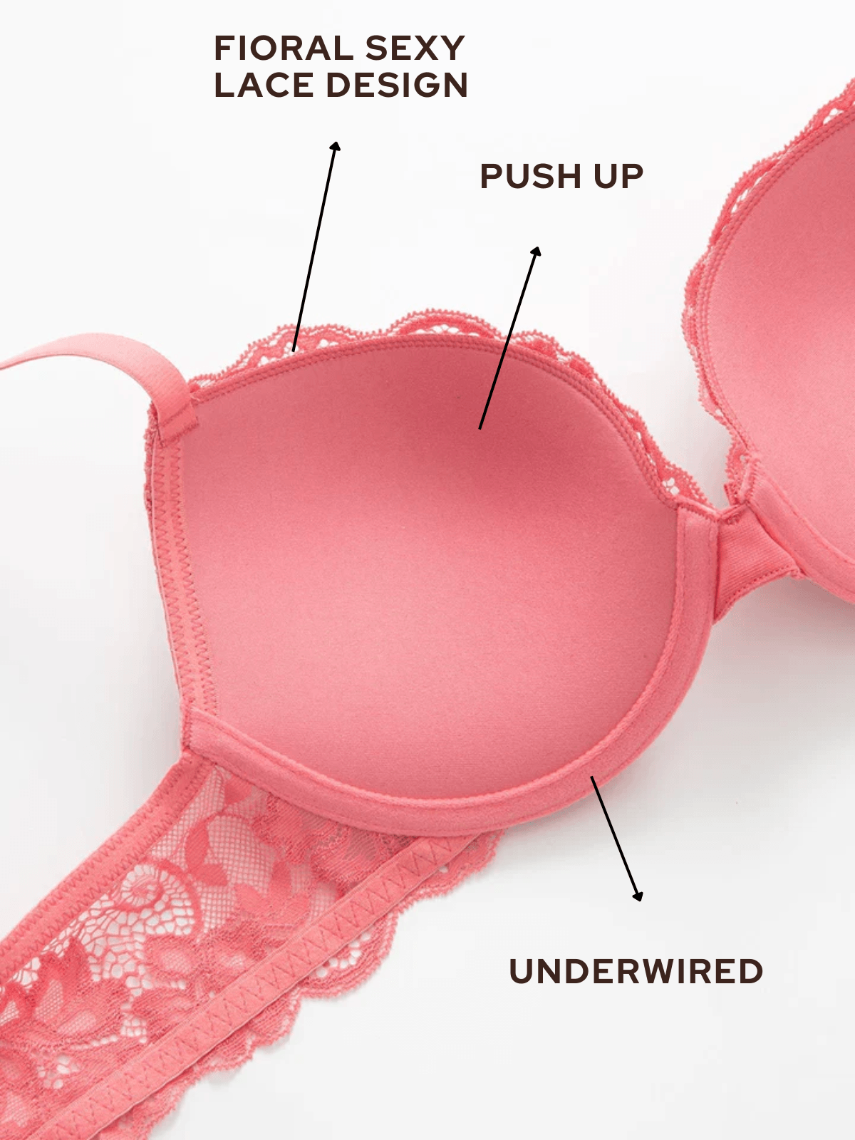 Lace Push Up Bra Lightly Padded Demi Plunge Bra Peach Red