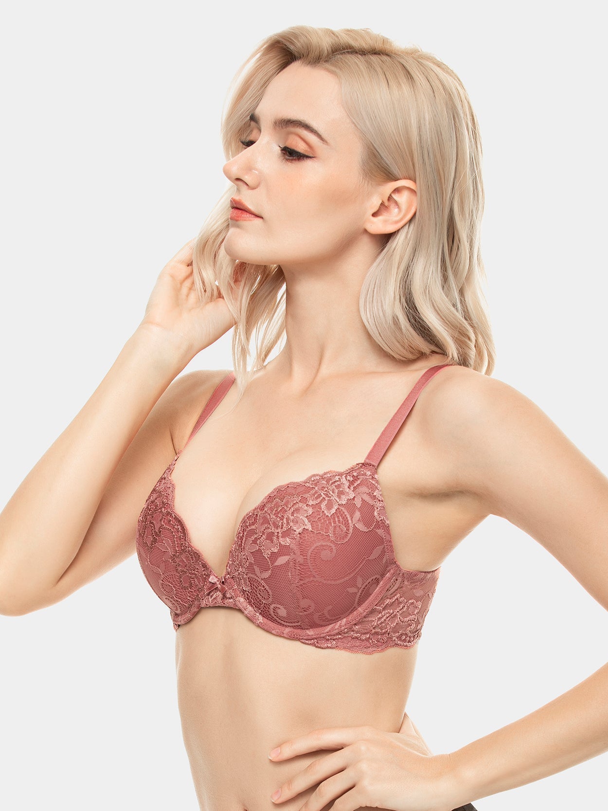 Lace Push Up Bra Lightly Padded Demi Plunge Bra Cinnabar Red