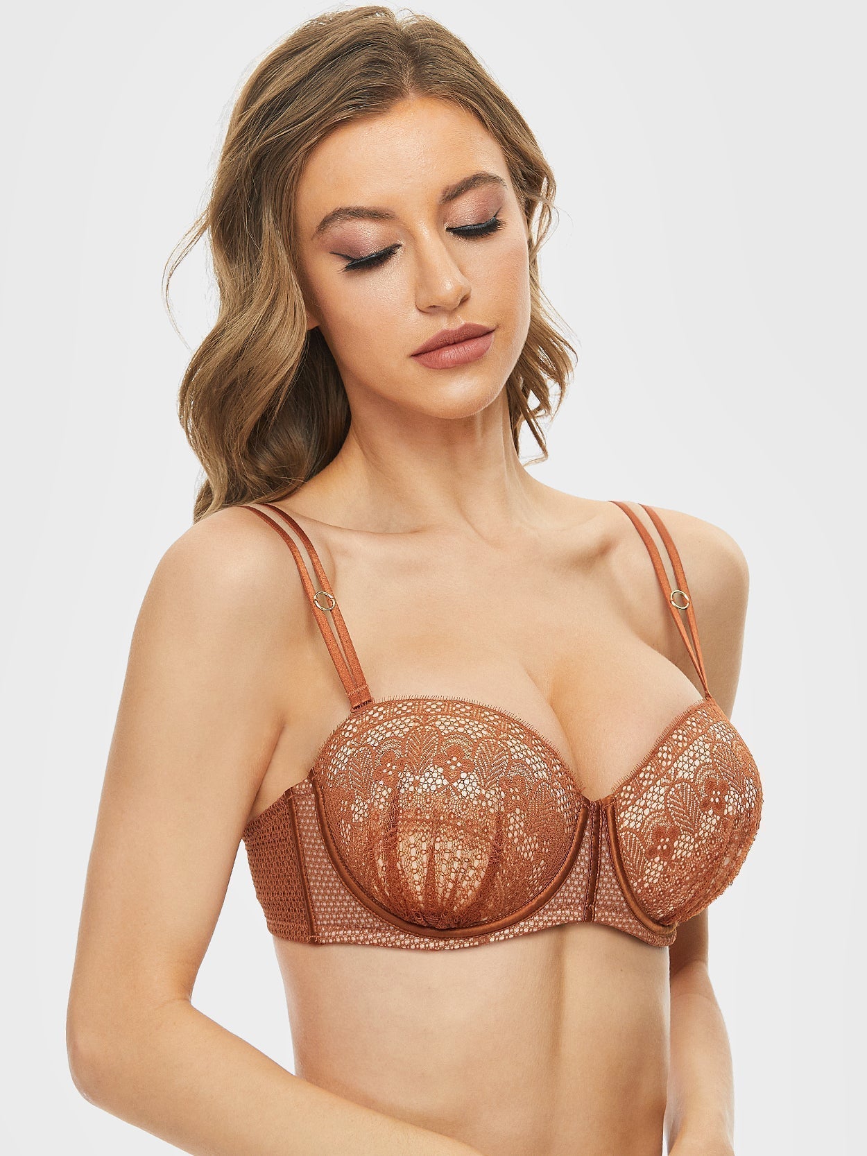 Push Up Full Figure Strapless Pleated Lace Multiway Bra Caramel