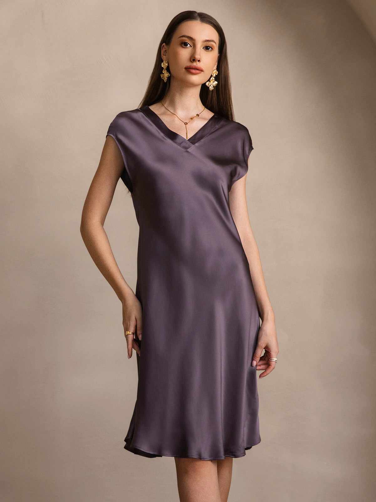 Pure Silk Cap Sleeve V-neck Knee Nightgown