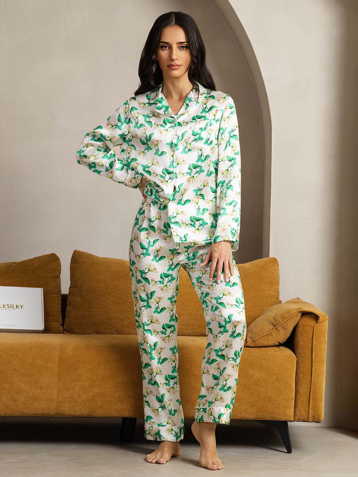Pure Silk Binding Trim Pajamas Set 2Pcs