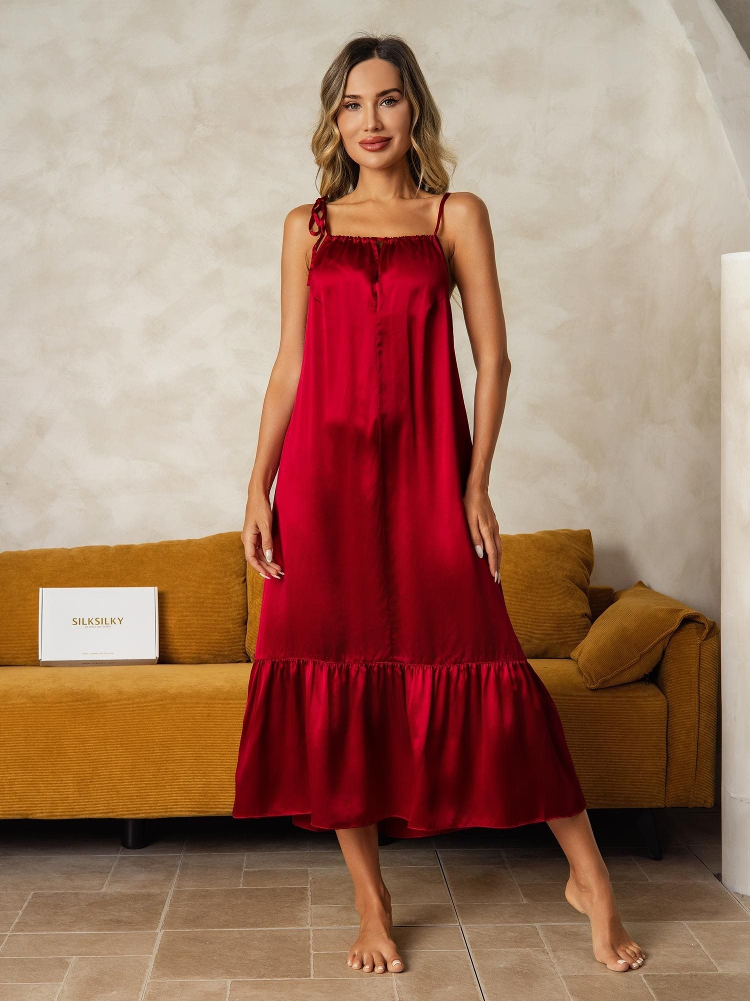 Pure Silk Midi Keyhole Neck Spaghetti Straps Nightgown with Ruffle Hem