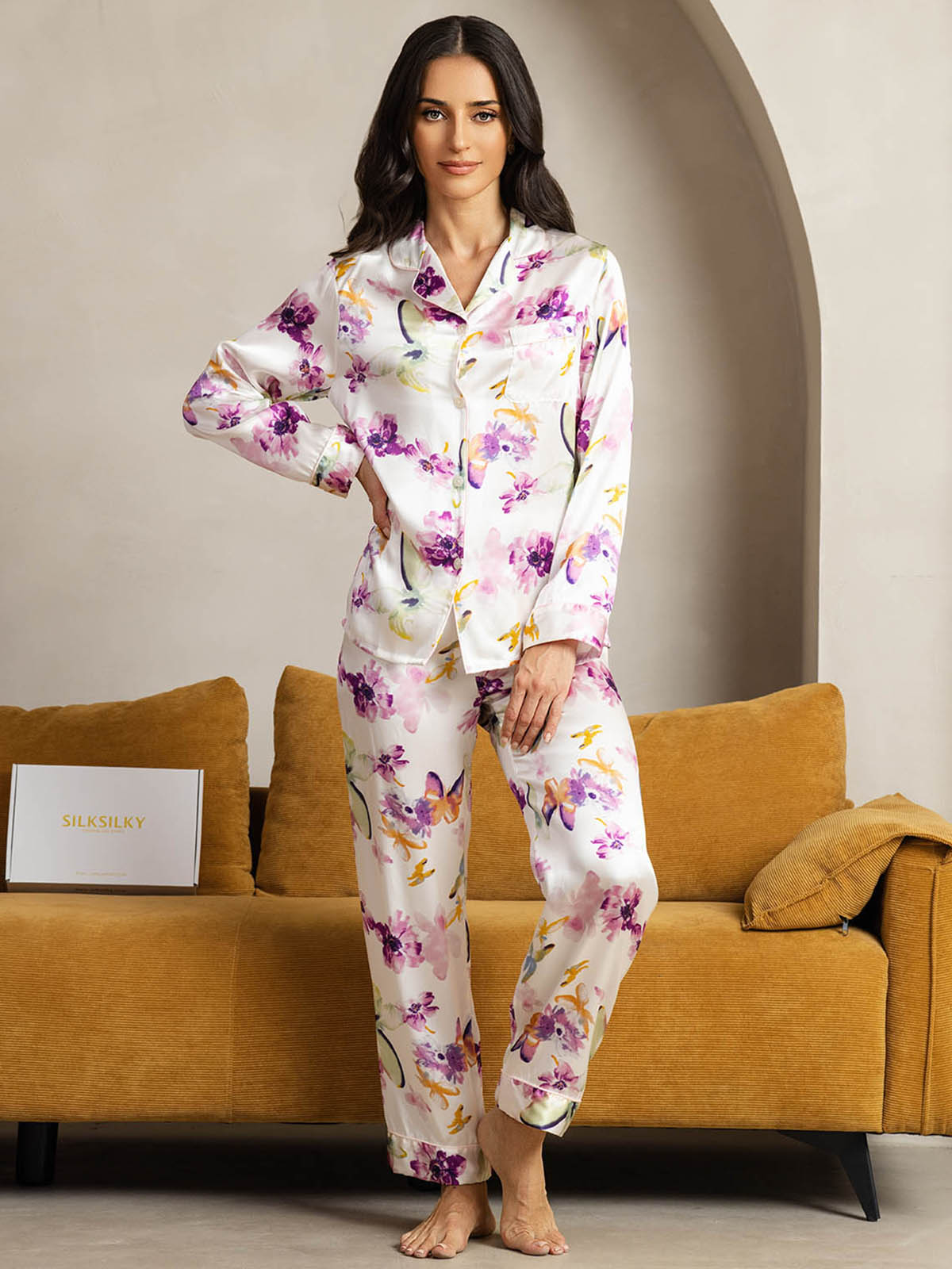 Pure Silk Binding Trim Pajamas Set 2Pcs