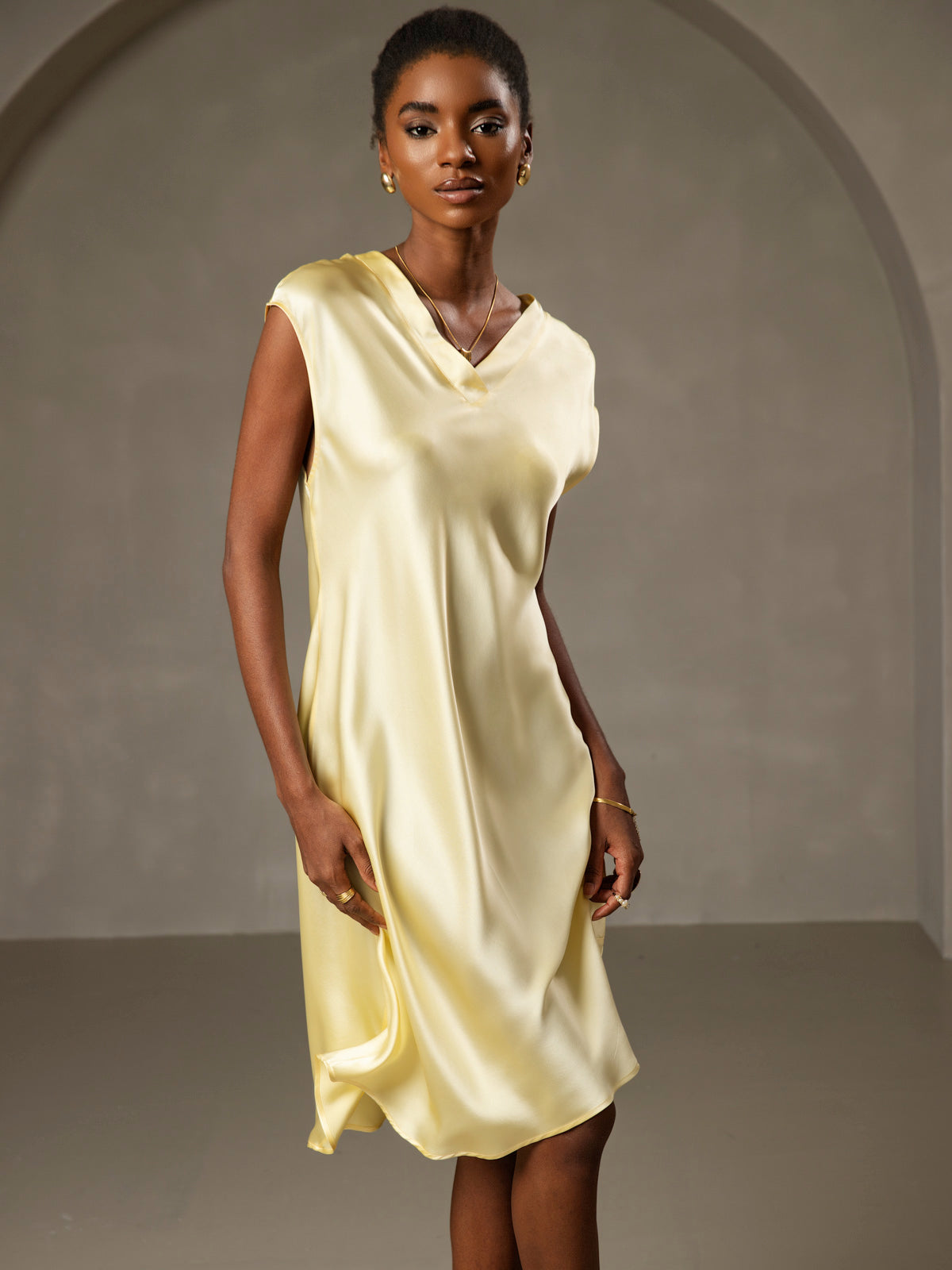 Pure Silk Cap Sleeve V-neck Knee Nightgown
