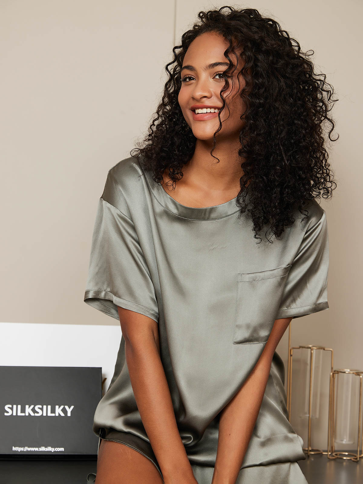 Women's Silk Oversized Tee Short Pajama Set