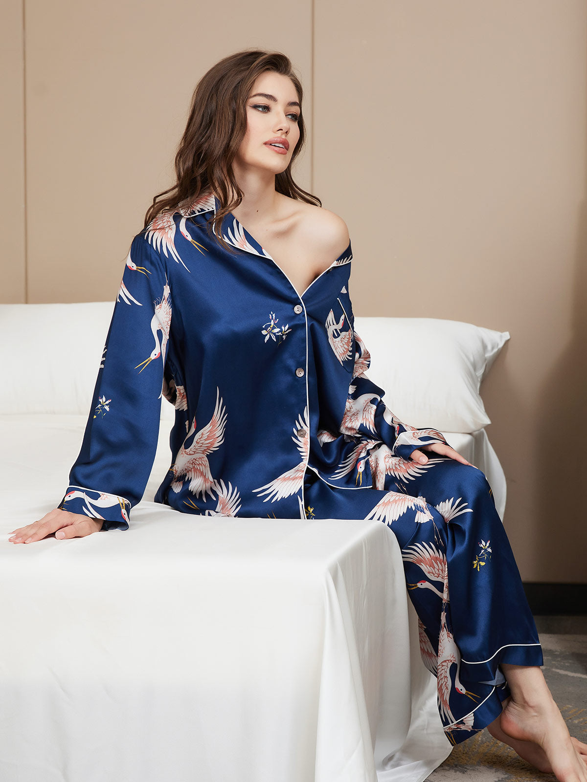19Momme Women's 100% Mulberry Silk Crane Print Full Length Pajama Set