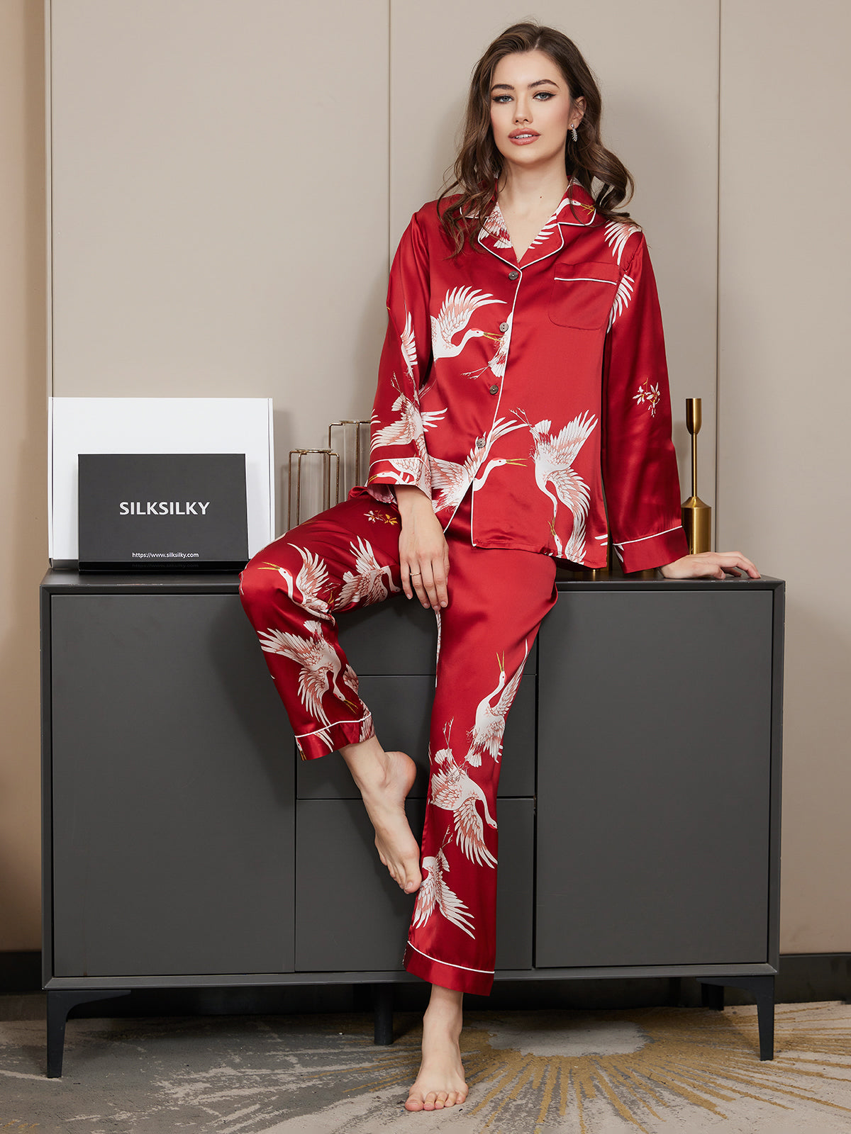 19Momme Women's Silk Crane Print Full Length Pajama Set