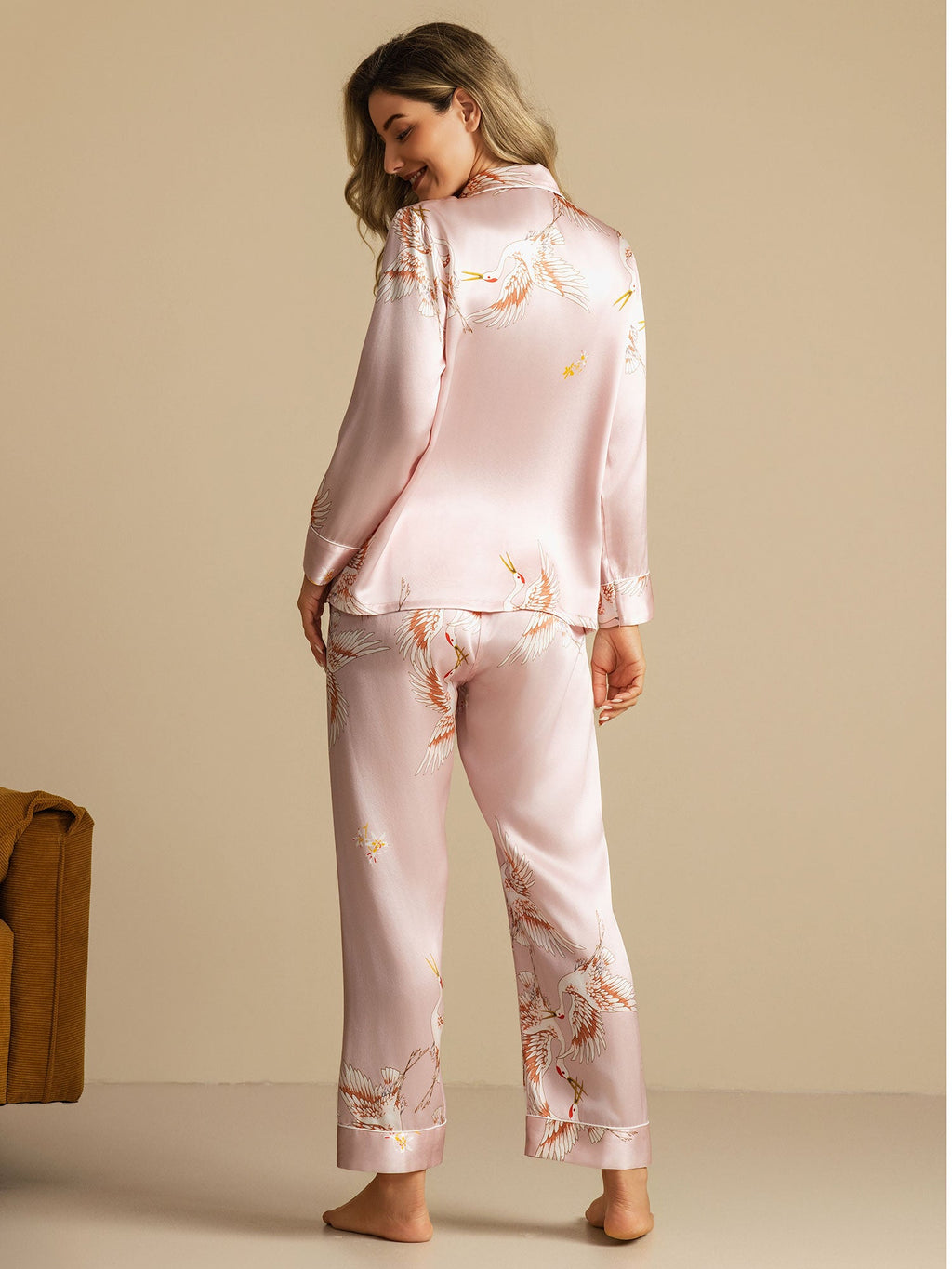 19Momme Women's 100% Mulberry Silk Crane Print Full Length Pajama Set