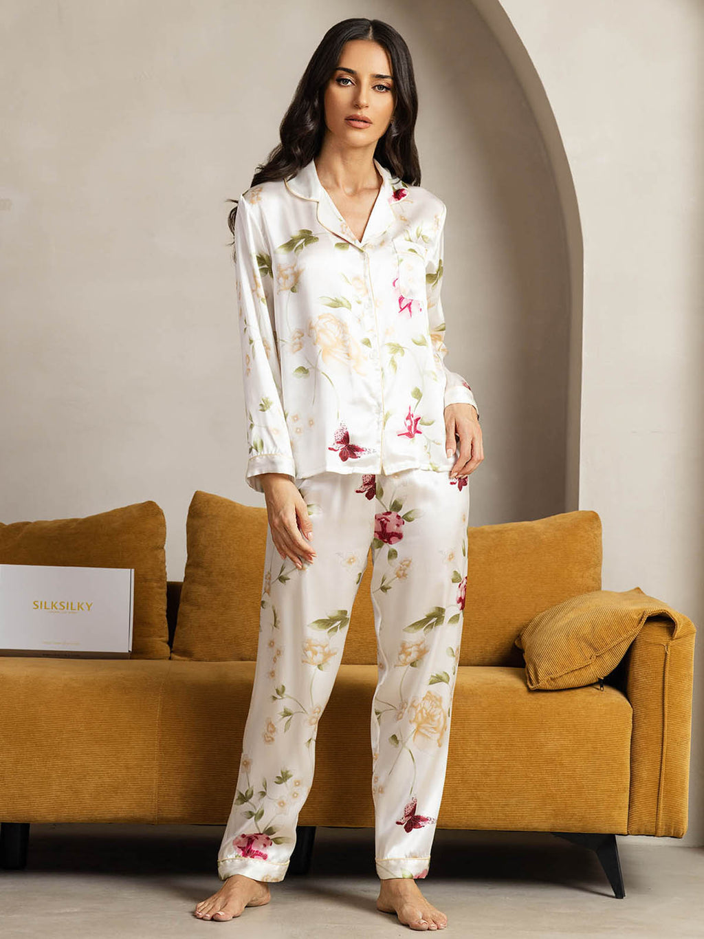 Pure Silk Binding Trim Classic Pajamas Set 2Pcs