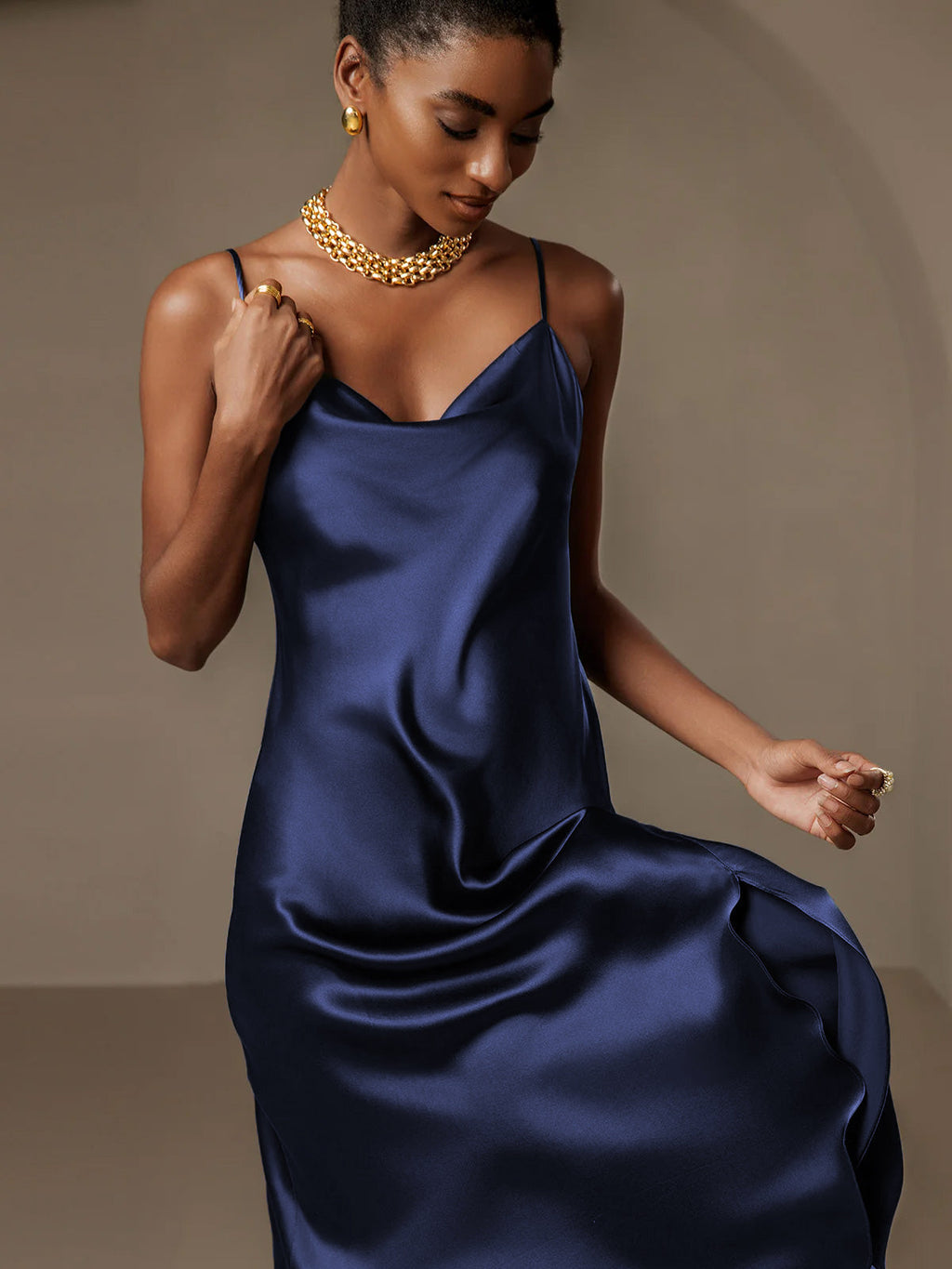 Pure Silk Spaghetti strap Cowl Neck Midi Nightgown
