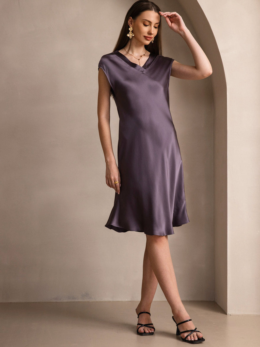 Pure Silk Cap Sleeve V-neck Knee Nightgown