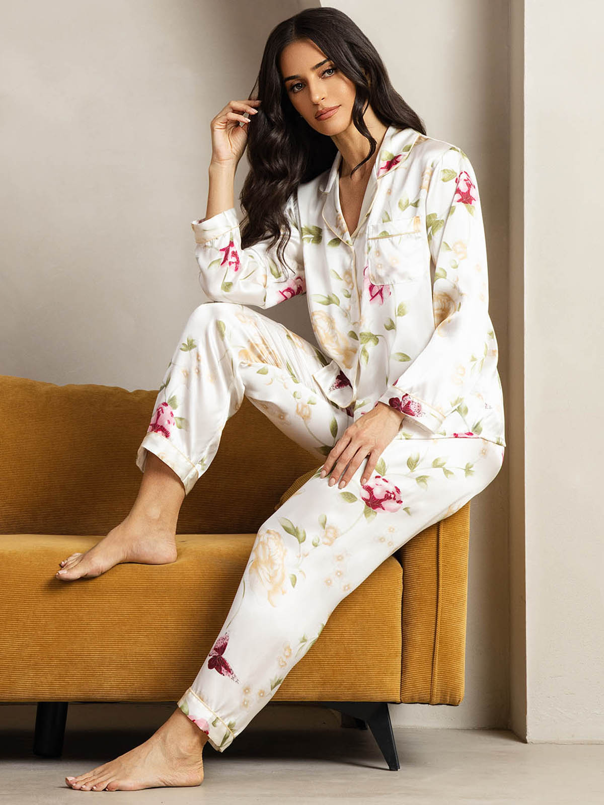 Pure Silk Binding Trim Classic Pajamas Set 2Pcs