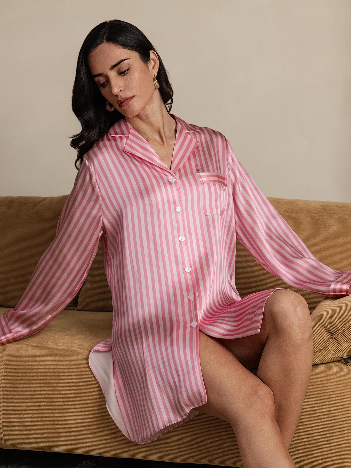Pure Silk Stripe Print Nightshirt with High-Low Hem