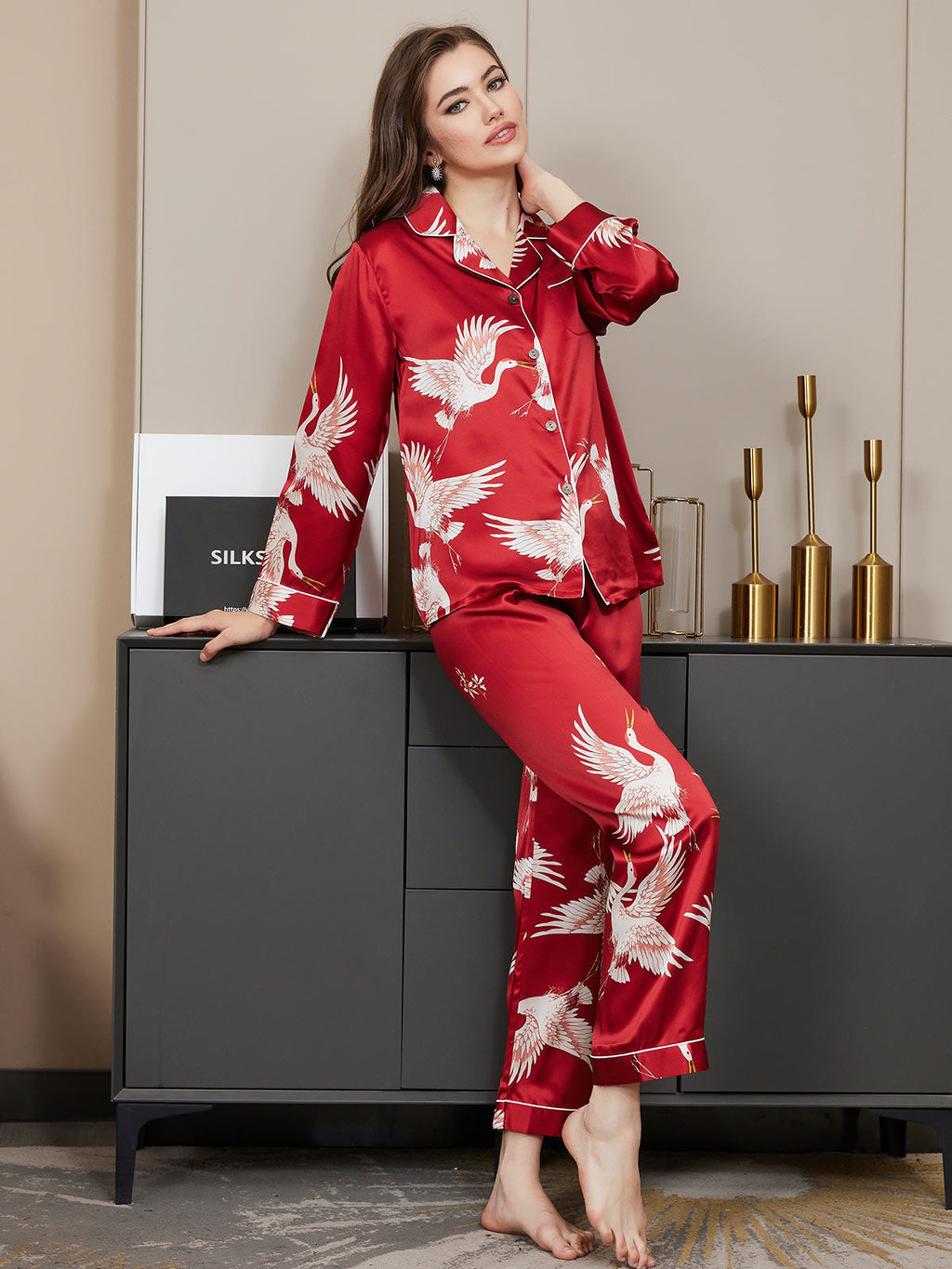 19Momme Women's 100% Mulberry Silk Crane Print Full Length Pajama Set