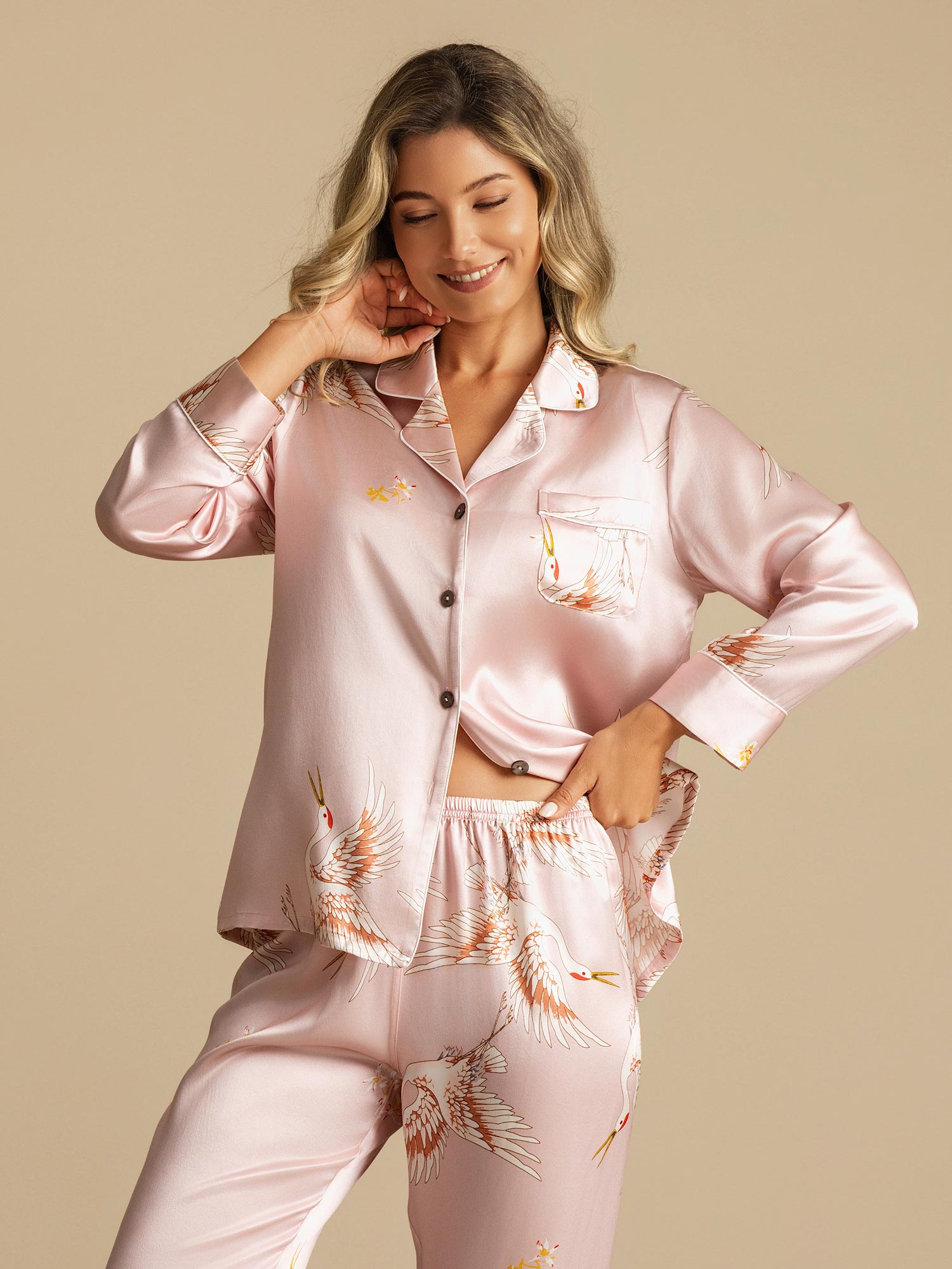 19Momme Pure Silk Printed Classic Binding Trim Womens Pajama set