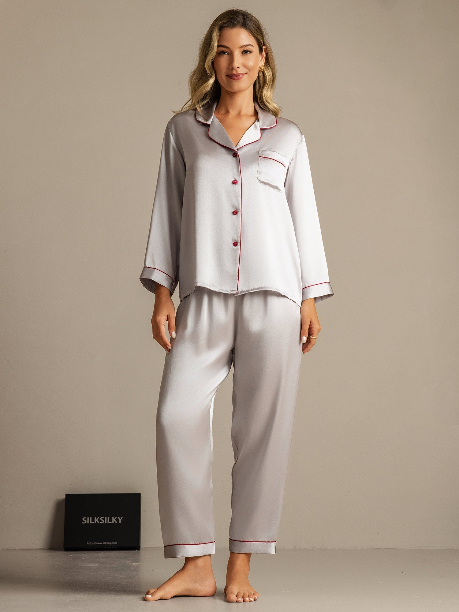 Pure Silk Binding Trim Classic Pajamas Set 2Pcs
