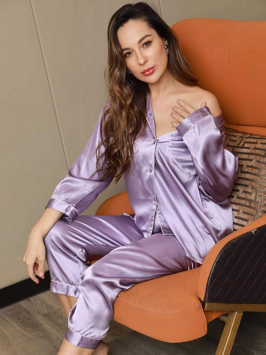 Pure Silk Binding Trim Classic Pajamas Set 2Pcs