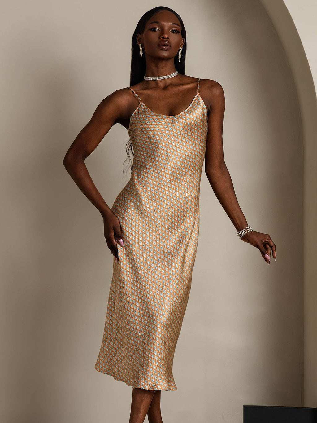 Women's Pure Silk Spaghetti Strap V-neck Midi Nightgown