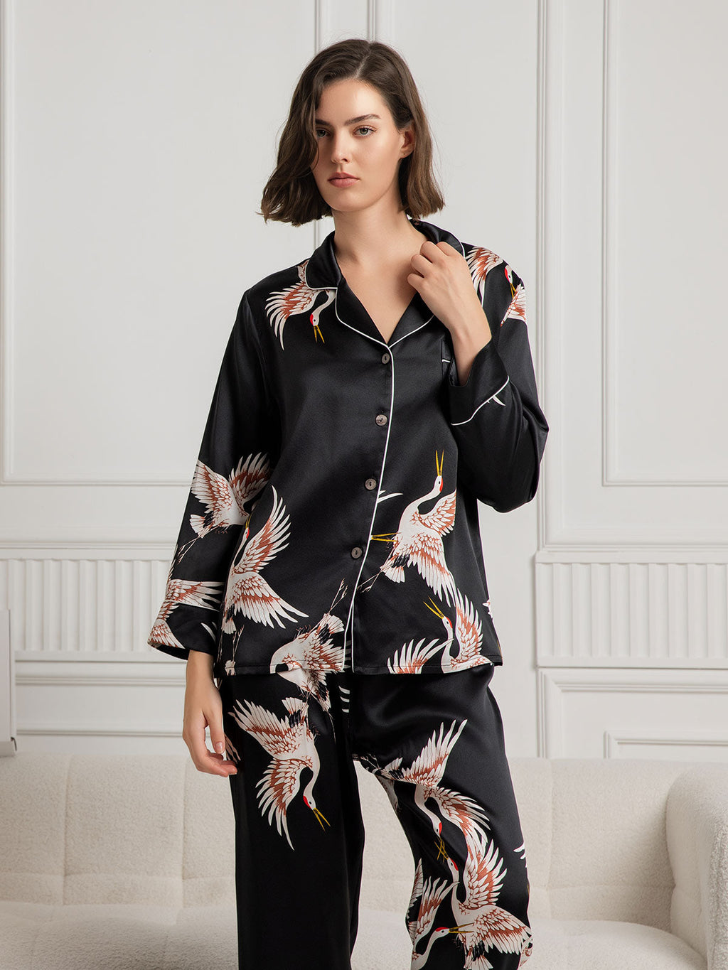 19Momme Women's 100% Mulberry Silk Crane Print Full Length Pajama Set