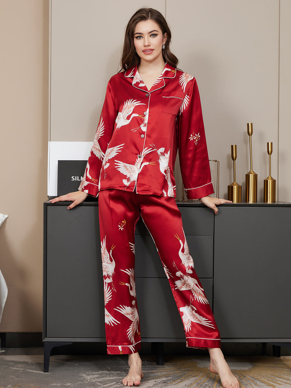 19Momme Women's 100% Mulberry Silk Crane Print Full Length Pajama Set