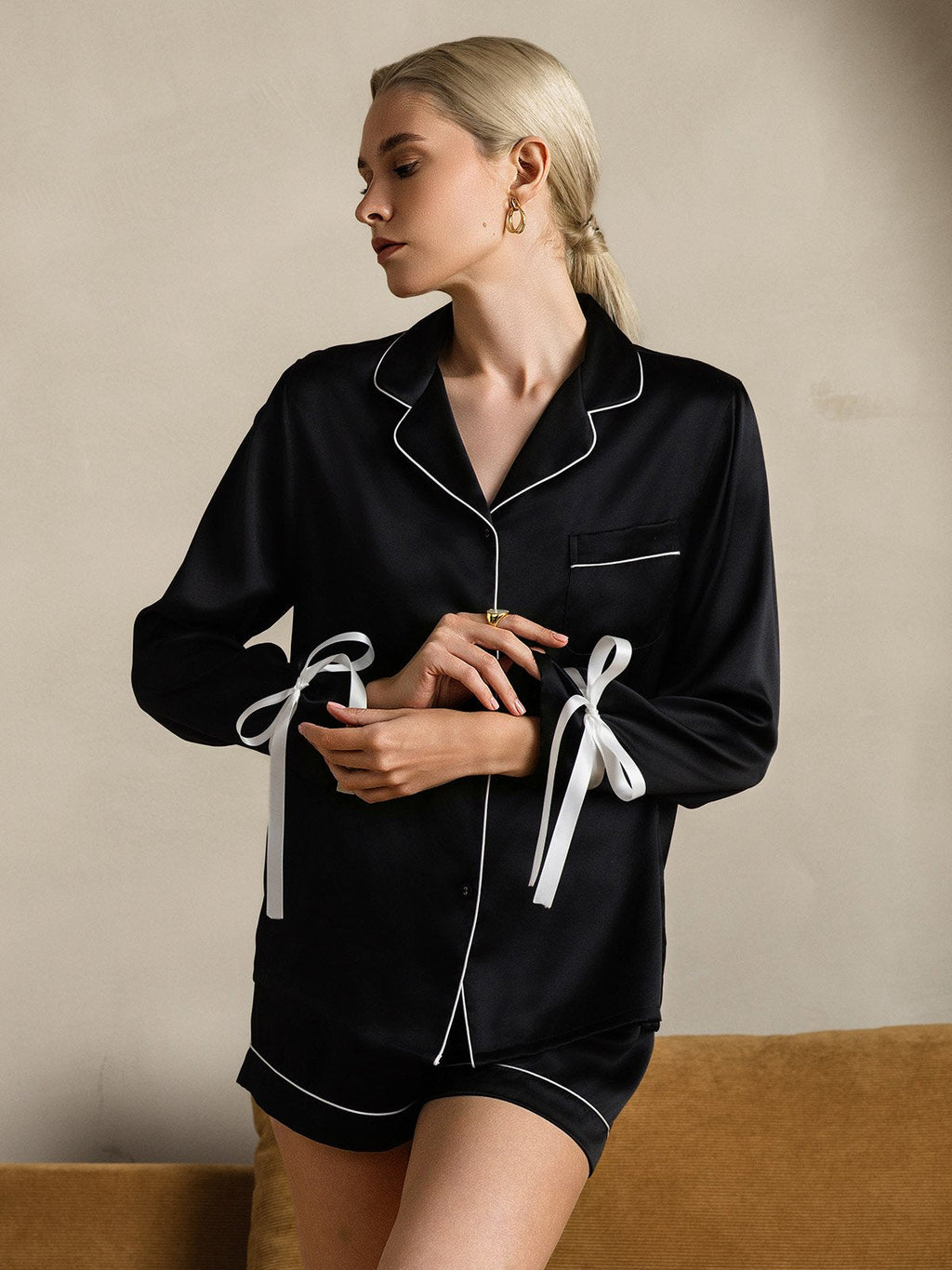 Pure Silk Long Sleeve Shorts Pajama Set